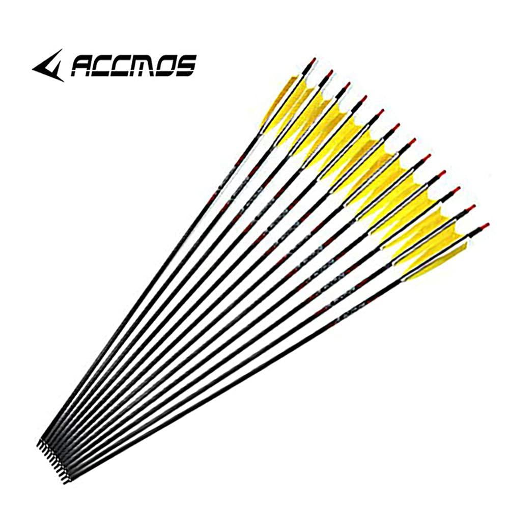 ACCMOS 12pc Custom Length Carbon Arrows for 15-95 Lb Compound Bow ID 6.2mm .244\" 22-33 Inch Spine 250 300 340 400 500 600 700 800 Target Practice & Hunting Arrow Adult Youth Shooting