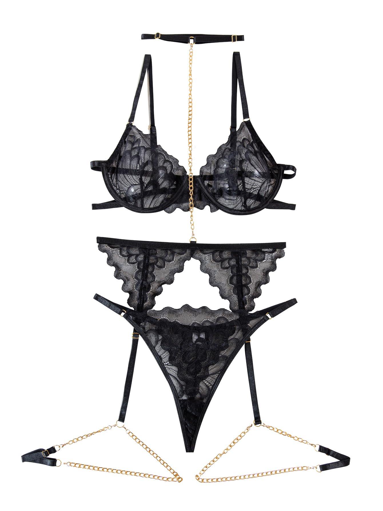 Lilosy Lilosy Sexy Choker Floral Lace Scallop Sheer Underwire Push Up Garter Belt Lingerie Set for Women See Through Bachelorette Bra and Panty 3 Piece Chain Black Medium
