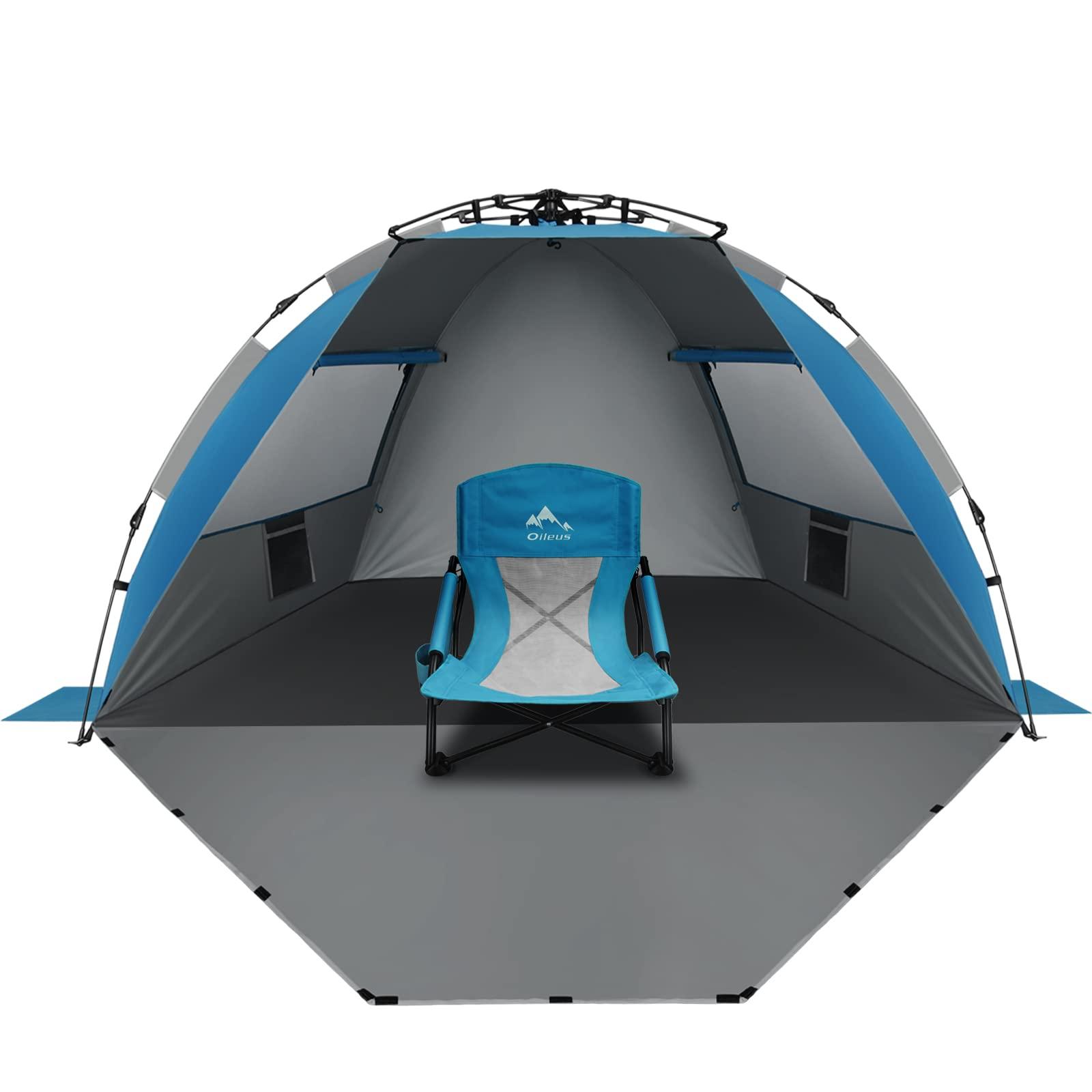 Oileus Oileus Folding Portable Beach Chair High Back 1 Pcs and X-Large 4 Person Beach Tent Sun Shelter Blue