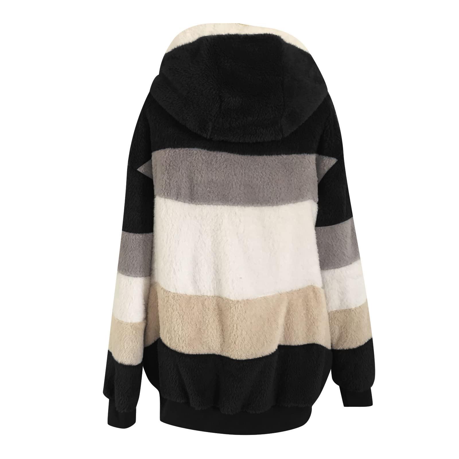 SMIDOW Oversized Fuzzy Fleece Jackets For Women Fashion 2023 Color Block Faux Fur Cardigan Coat Shaggy Warm Winter Outerwear plus size sherpa jacket Black XL