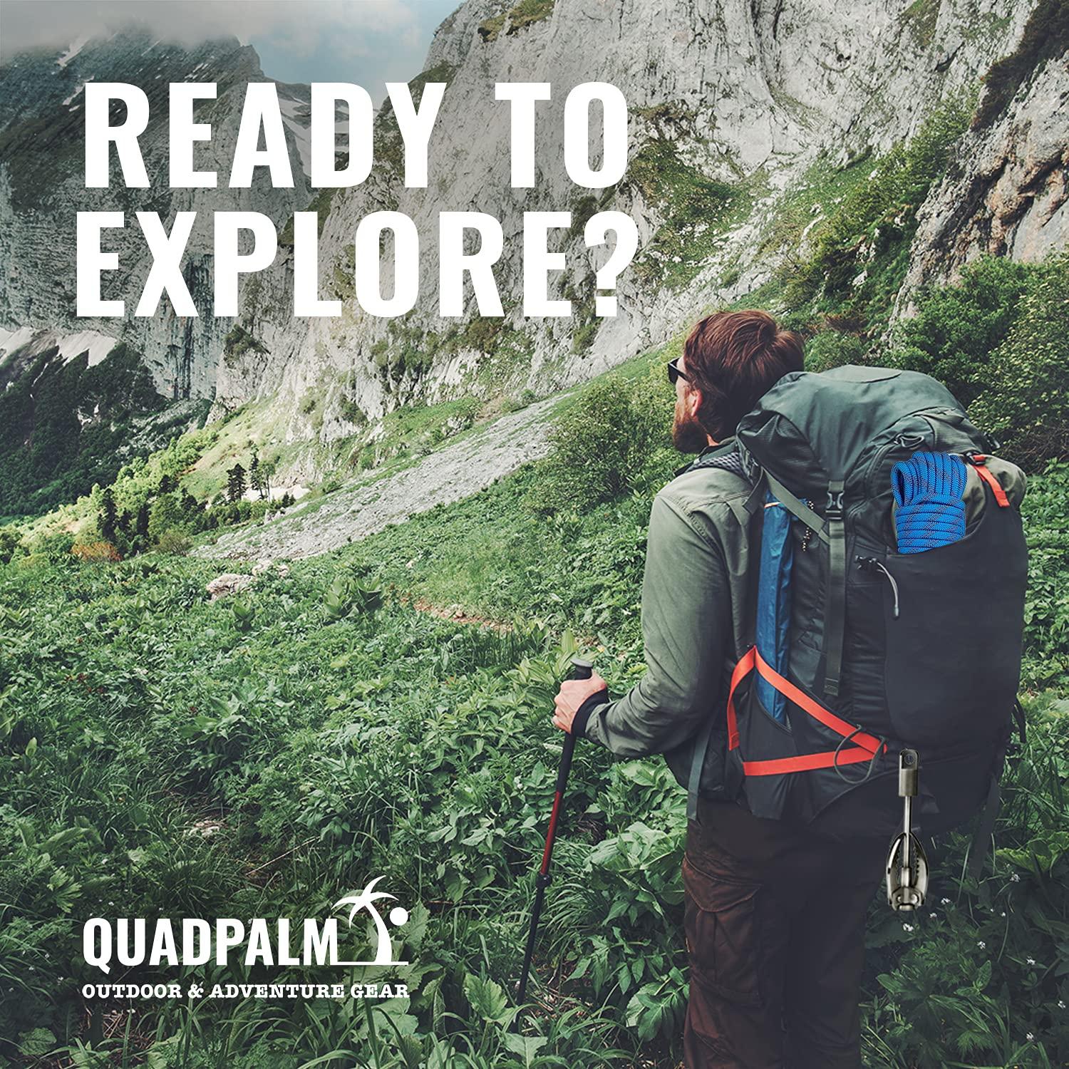 QUADPALM QUADPALM Grappling Hook and Blue Rope 10M (32ft) - Multifunctional Heavy Duty Survival Hook - 2 Locking Carabiner - 4 Stainless Steel Folding Claws - Survival Gear - Outdoors Camping Hiking Gear