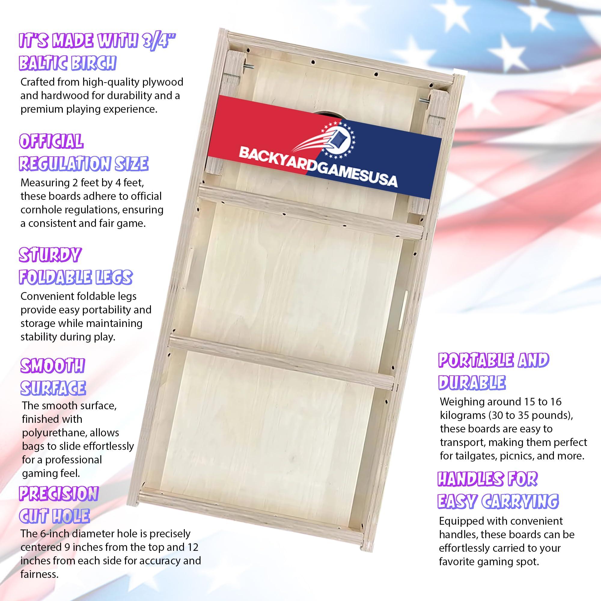 BackYardGamesUSA BackYardGamesUSA Pro Cornhole Boards Set | Made in USA | 3/4 Baltic Birch | No Bounce | Triple Thick Legs | Two Brace & Handles, Tournament 2x4 Regulation Set with Score Tower & Cornhole Bags
