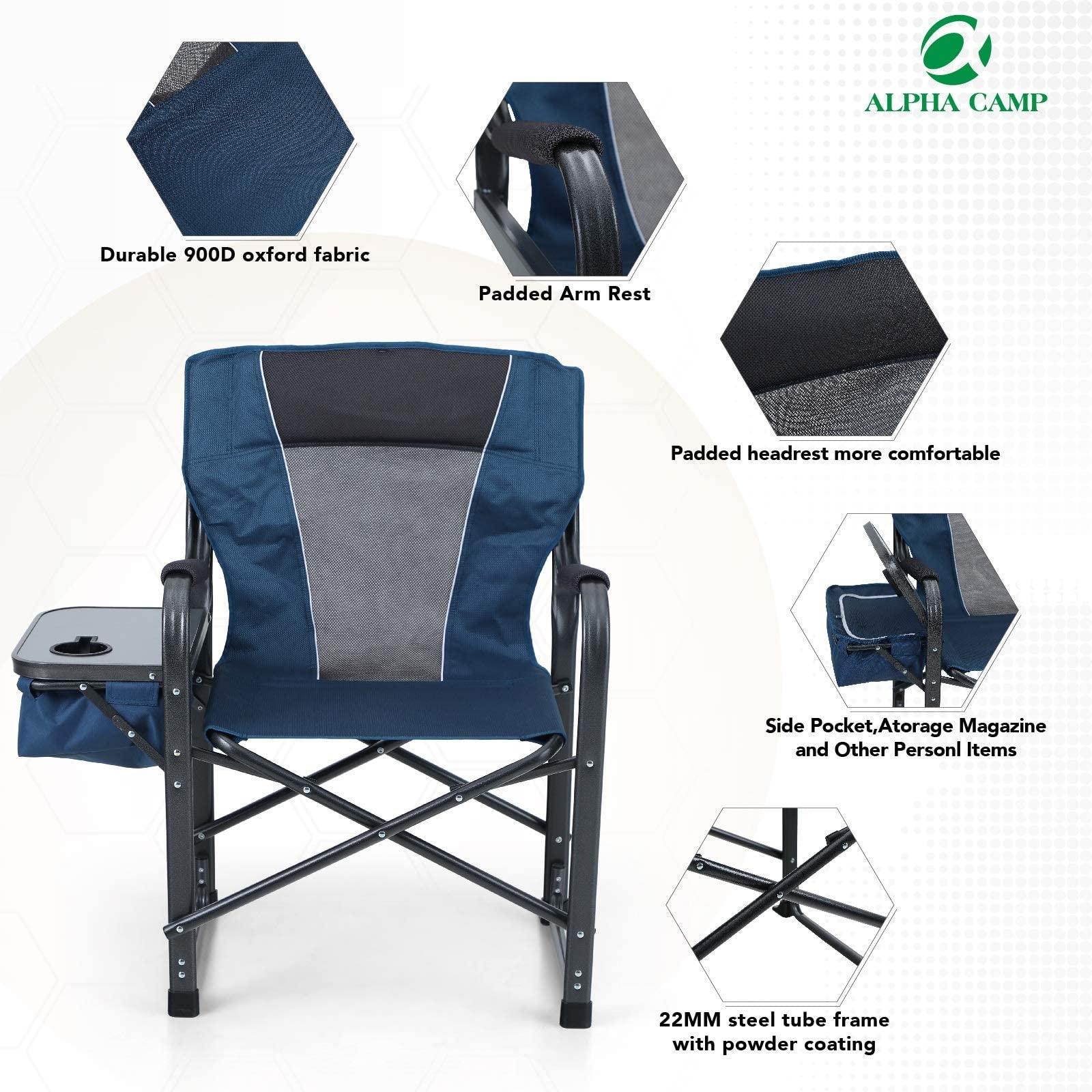 ALPHA CAMP ALPHA CAMP Director Chair with Side Table Heavy Duty Portable Chair with Cup Holder Cooler Bag Steel Outdoor Folding Chair for Adults Oversized Lawn Chair for Camping, PicnicCapacity-350 lbs