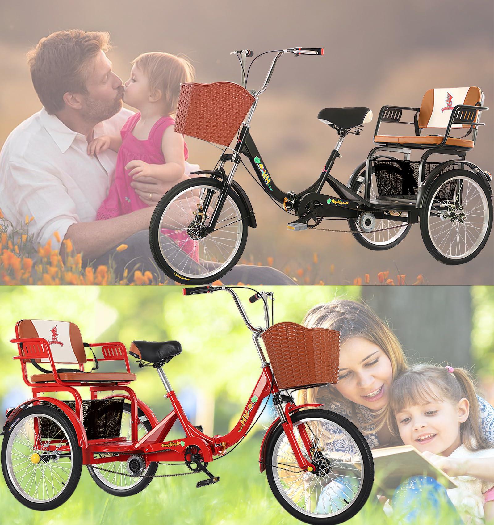 VHCLYBJU VHCLYBJU Adult Tricycle Folding 3 Wheel Bike for Women 20 inch Adult Tricycle with Child seat Trike Large Vegetable Basket Adult Tricycle Bicycle Shock-Absorbing Fork 3 Rounds for Seniors (Black)