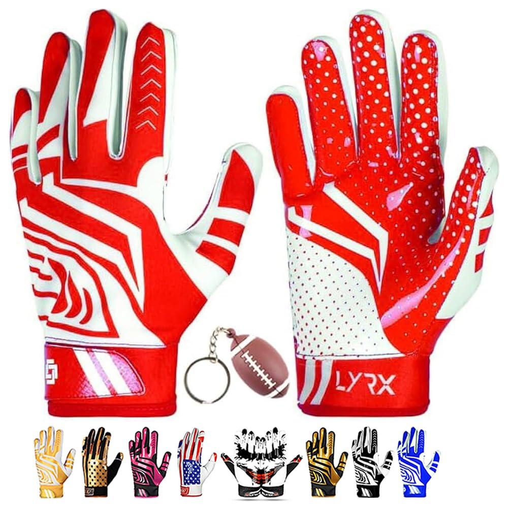 LYRX LYRX Professional Football Receiver Gloves with Optimal Silicone Palm Non-Slip Grip Control Ultra-Stick Sports Lightweight Glove and Precision Fit (Red, Adult M (7.2"))