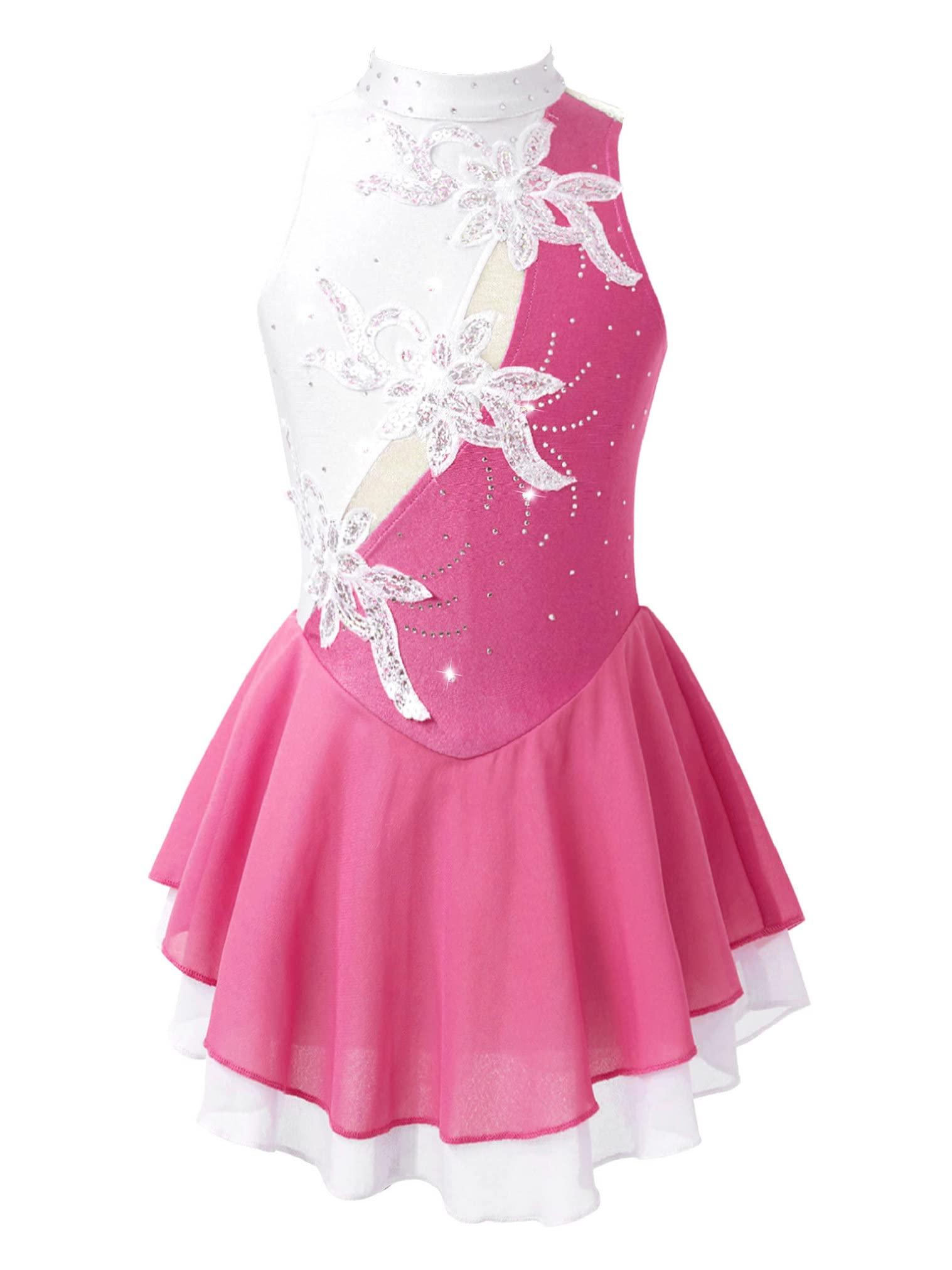 JEATHA JEATHA Kids Girls Shiny Rhinestone Ballet Costume Sleeveless Splice Ice Skating Skirt Gymnastic Leotard Dress Pink A 8