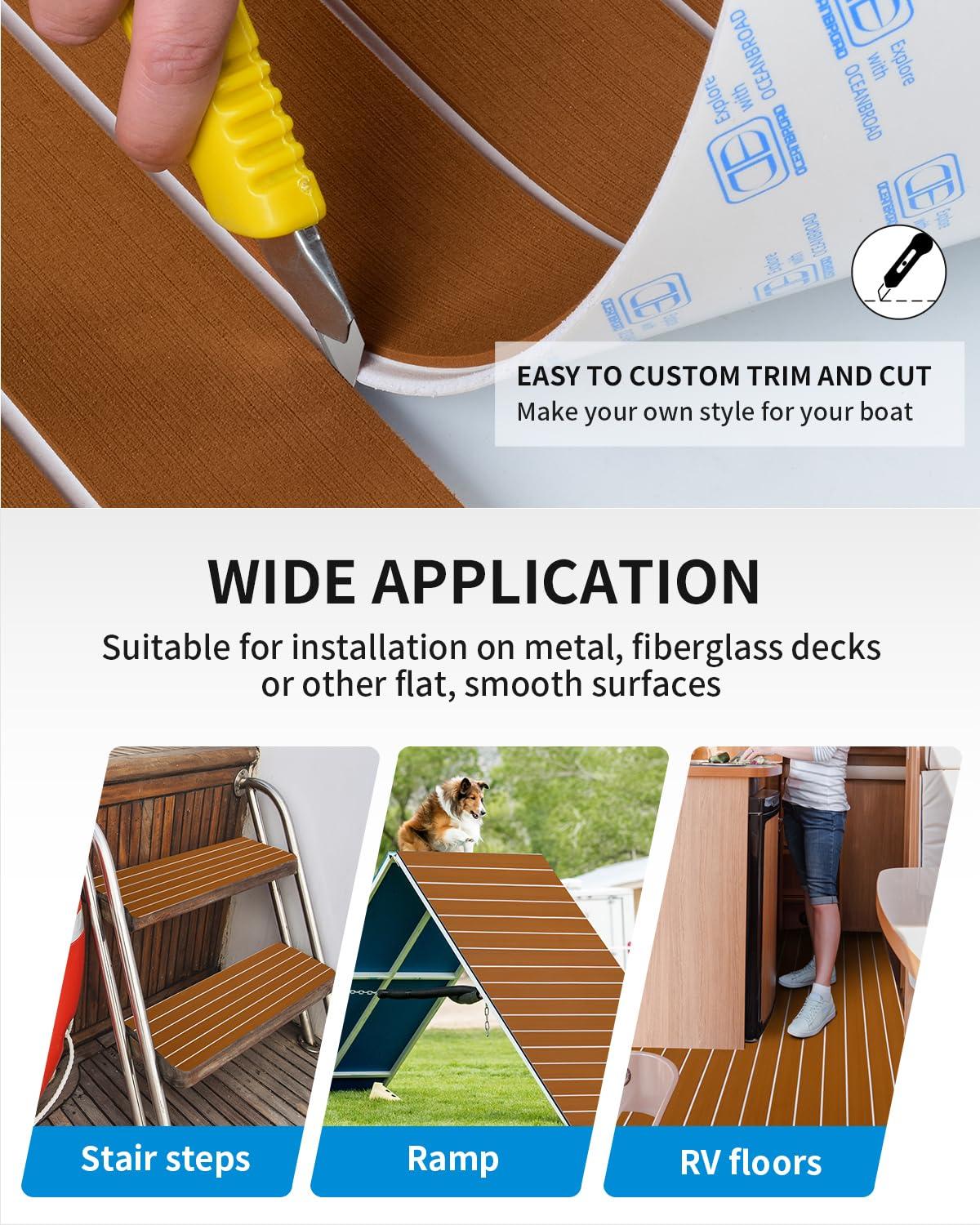 OCEANBROAD OCEANBROAD Boat Flooring EVA Foam Self-Adhesive 96''x36'' Faux Teak Marine Boat Decking Sheet for Jon Boats Yacht Floor, Brown with White Seam Lines