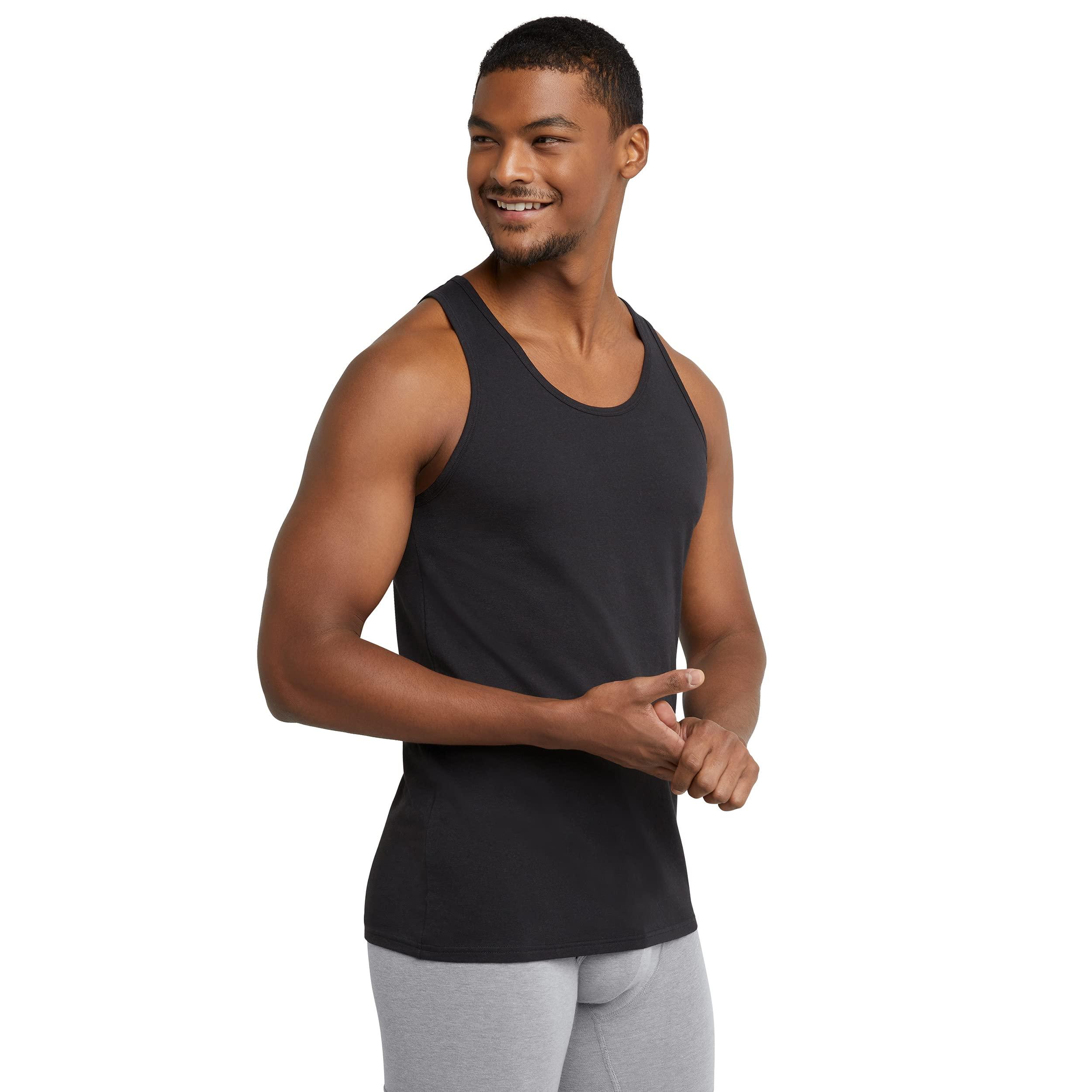Hanes Hanes Men's Originals Stretch Cotton Pack, Moisture-Wicking Tank Tops, Tagless, 3-Pack, White/Tan/Black, Medium