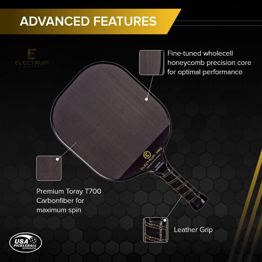 Electrum Pickleball Electrum Pro Paddle - Electrum Pickleball - USAPA Approved | Carbon Fiber Surface | Polypropylene Honeycomb Core | Best Paddle for Spin and Power | Lightweight