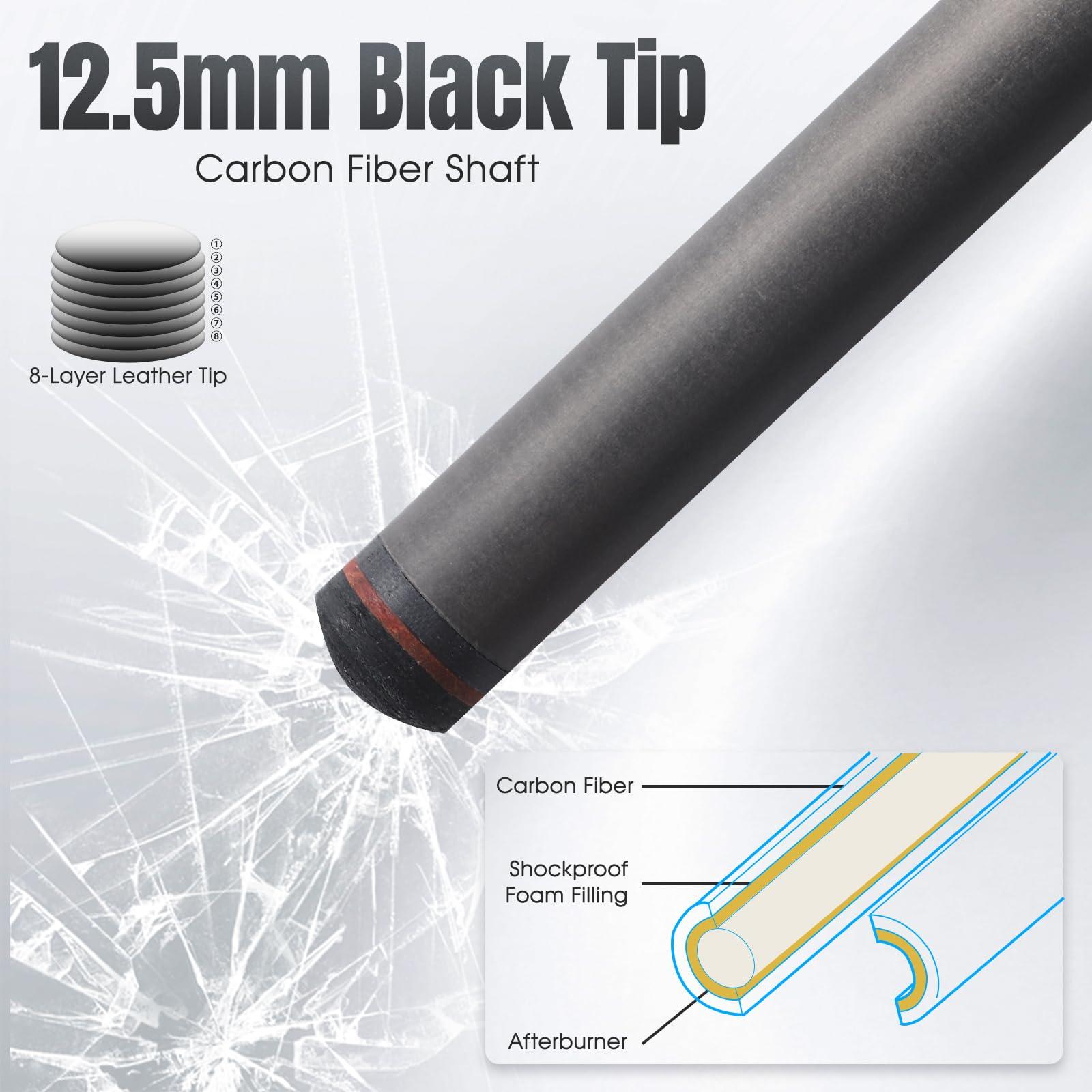 PODAYUDE PODAYUDE Carbon Fiber Pool Cue, 12.5mm Tip Low Deflection Billiard Cue Sticks Pool Sticks, 58\" Pool Cues with Velvet Bag, 19-19.5oz