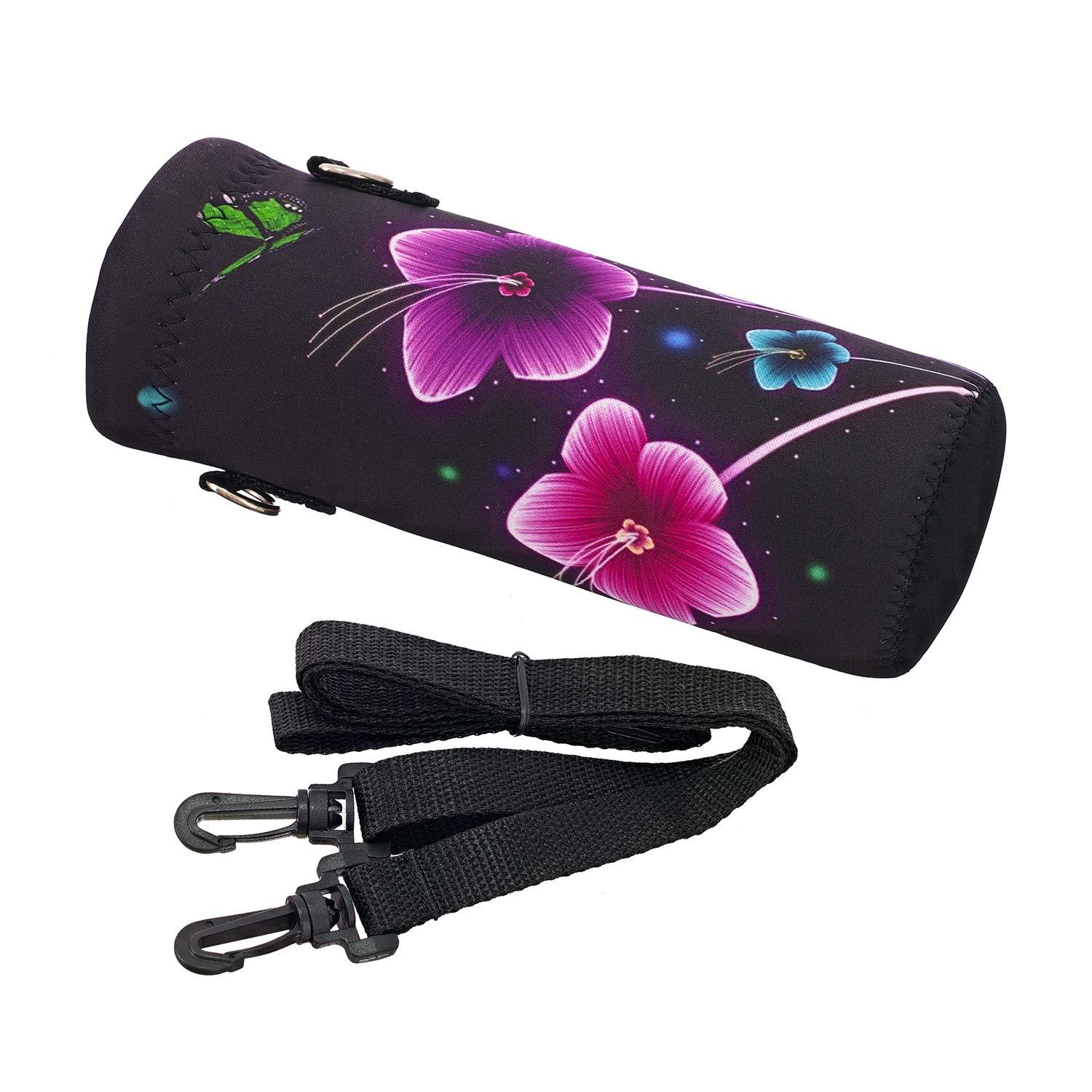 RICHEN RICHEN Neoprene Water Bottle Carrier Bag with Adjustable Shoulder Strap,Insulated Water Bottle Cover for 500ml/16oz Stainless Steel/Glass/Plastic Bottles (Colorful Flowers,500ml)