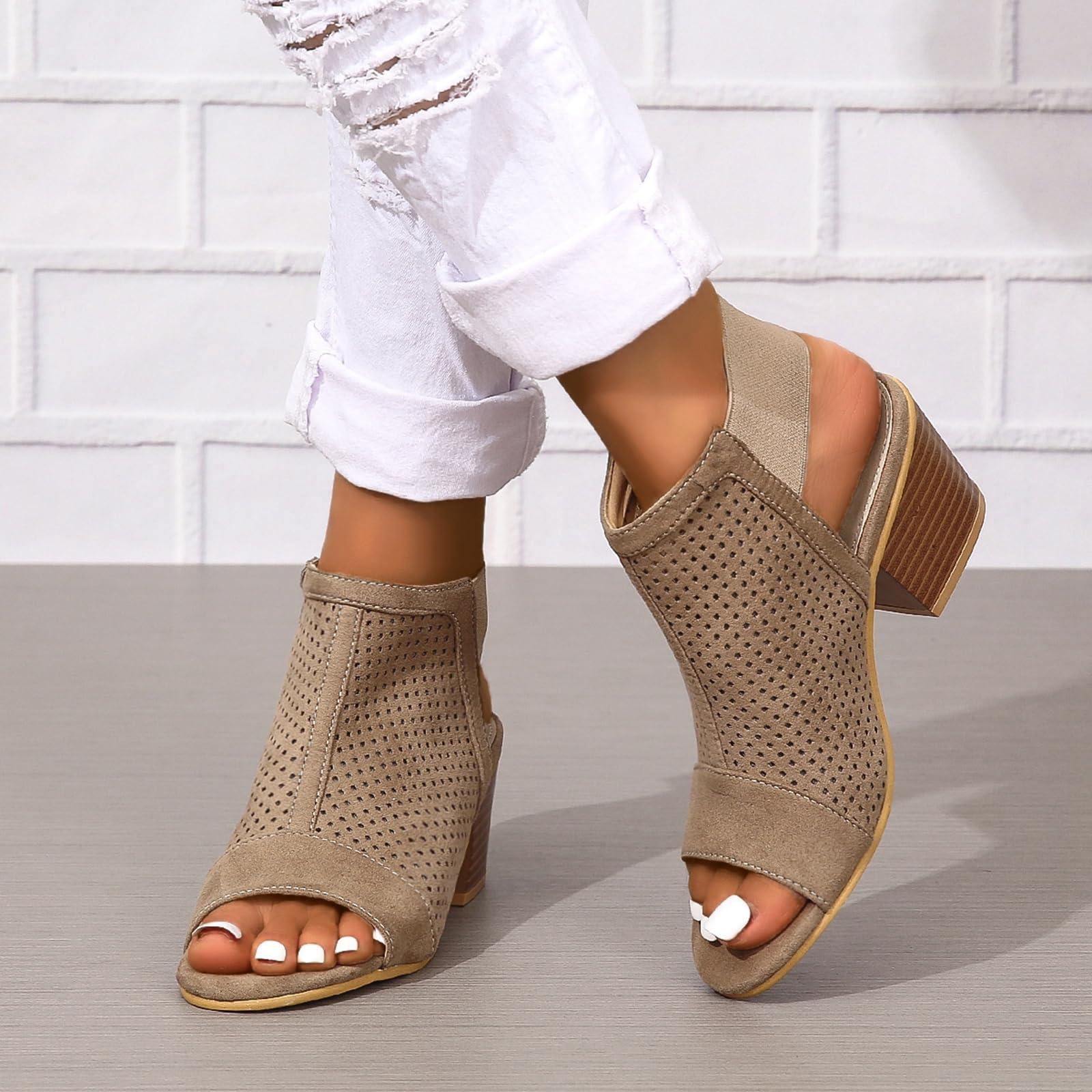 NineFit Basics Women Peep Toe Booties Open Toe Boots Cutout Ankle Strap Mid Black Chunky Heel Block Sandals