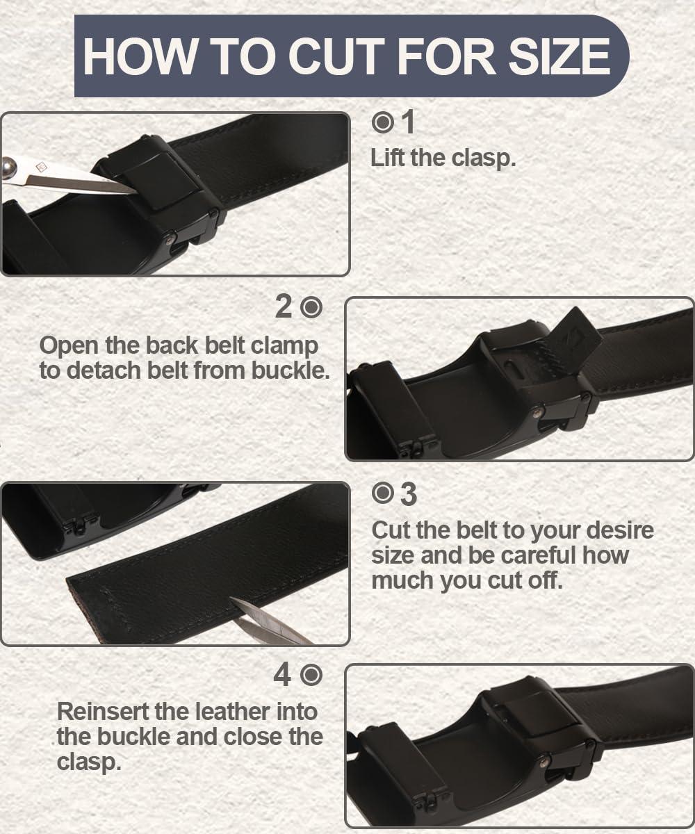 Teooauss Ratchet Belts for Men, Leather Black Slide Belt with Automatic Buckle for Golf Work Wedding Dress Casual Shirt Pants Jeans, Micro Adjustable, Trim To Fit - Waist: 36-42