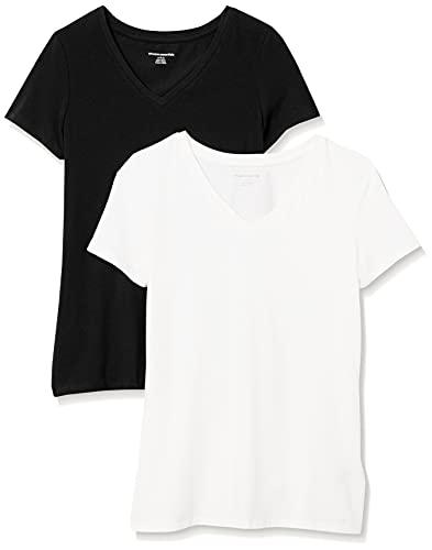 Amazon Essentials Amazon Essentials Women's Classic-Fit Short-Sleeve V-Neck T-Shirt, Pack of 2, Black/White, Small