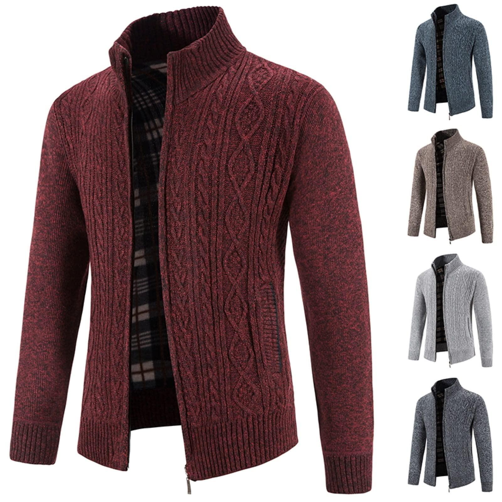 xoxingysm xoxingysm Mens Cardigan Sweaters Jacket Full Zip Mock Neck Solid Sweaters Cable Knitted Sherpa Fleece Lined Stand Collar Windproof Fishing Casual Cardigan Coat