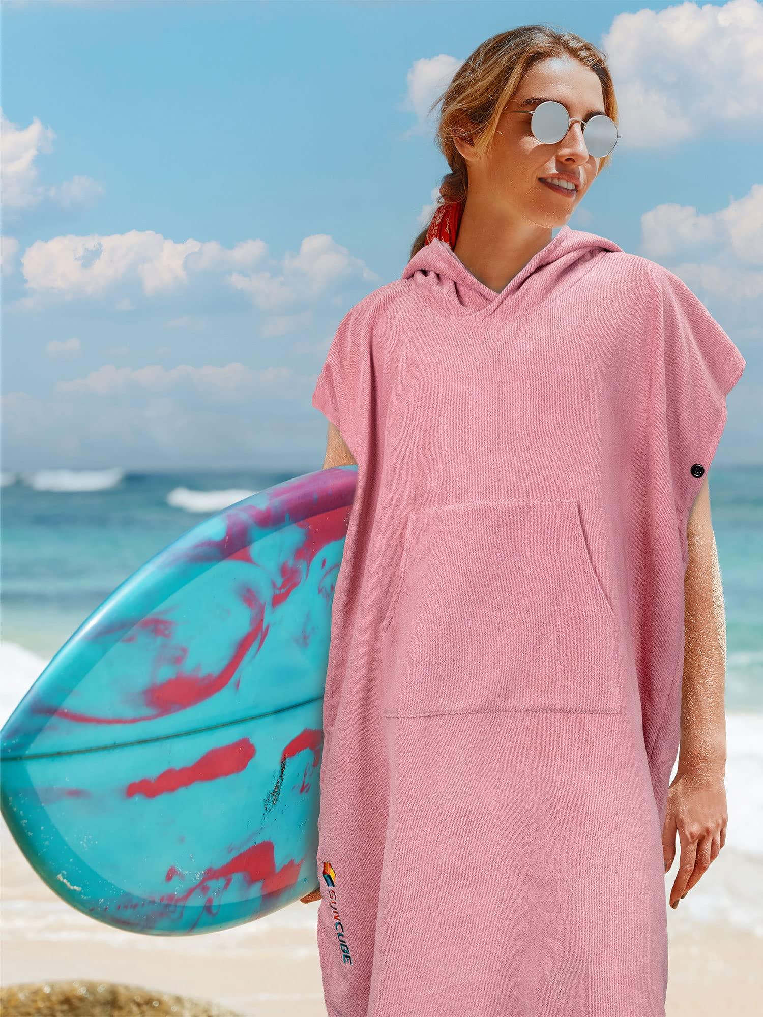 SUNCUBE SUN CUBE Surf Poncho Changing Robe with Hood, Thick Quick Dry Microfiber Wetsuit Changing Towel for Surfing Beach Swim Outdoor Sports Women, Absorbent Wearable Towel Cover Up with Pocket, Pink