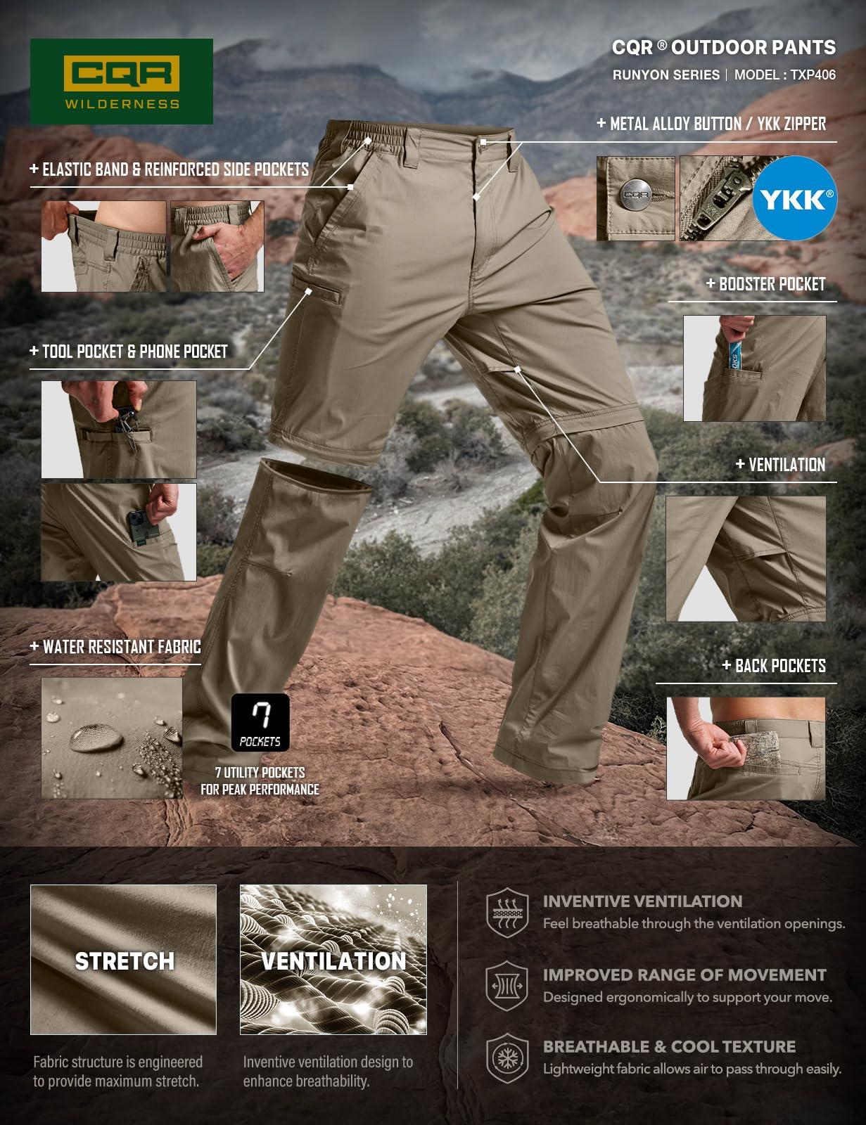 CQR CQR Men's Convertible Cargo Tactical Pants, Water Resistant Outdoor Hiking Pants, Zip Off Lightweight Stretch Work Pants, Runyon Sandstorm, 30W x 32L