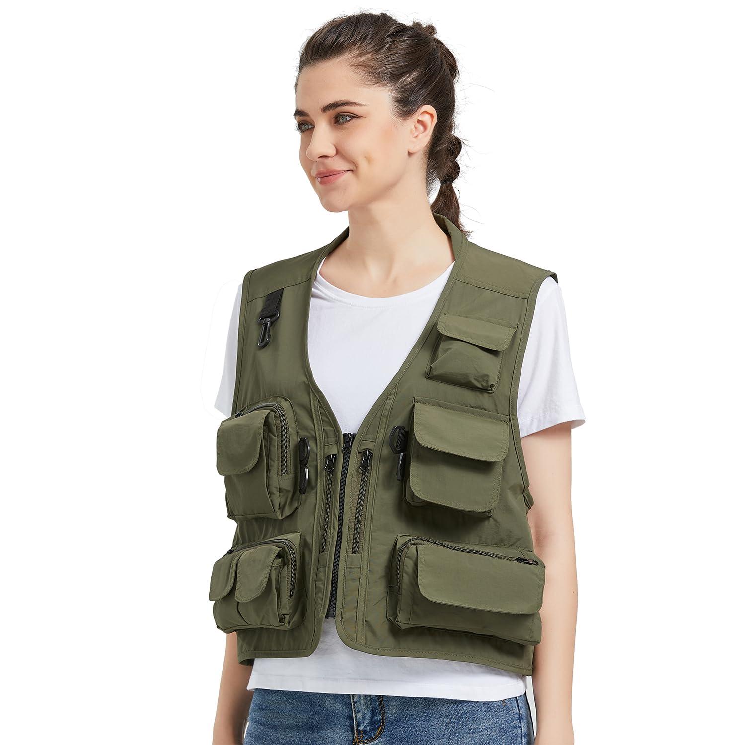 Ziker Ziker Women's Mesh Breathable Openwork Jouralist Photographer Fishing Vest Waistcoat Travel Jacket Coat With Pockets (as1, alpha, l, regular, regular, New Army Green)