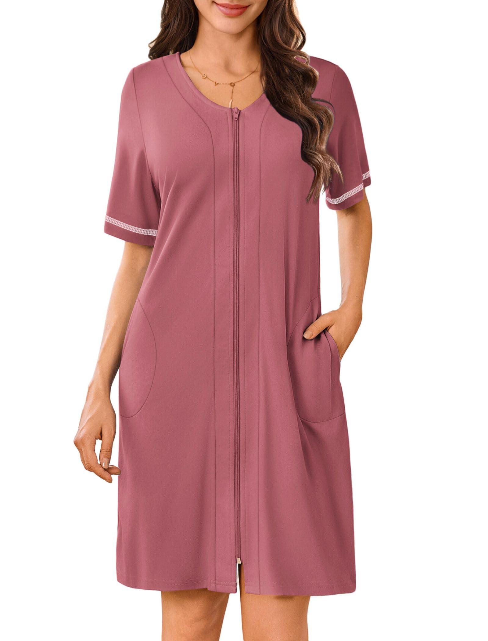 Ekouaer Ekouaer Women Zipper Robes Short Sleeves Housecoat Lightweight Bathrobes Zip Up Robe Casual Nightgown with Pockets Purple Gray Red,XX-Large