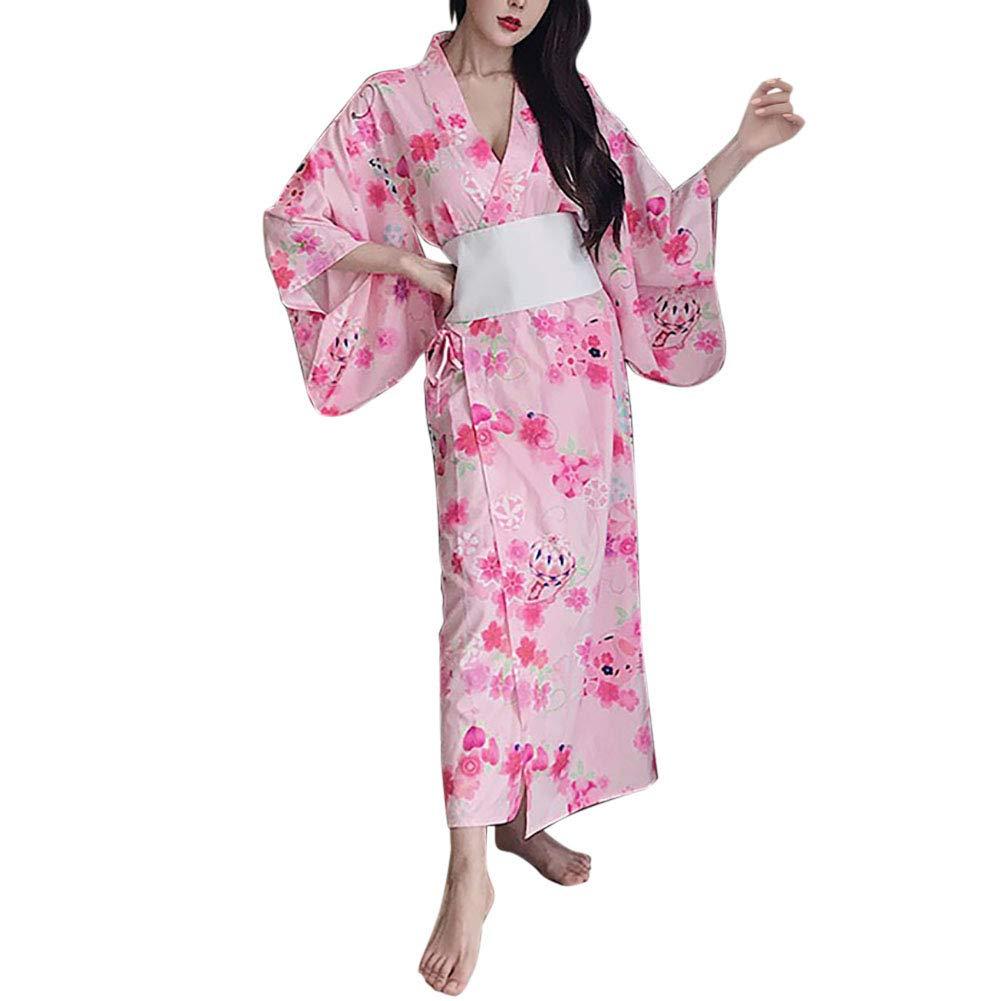 HongH HongH Women's Floral Print Traditional Japanese Kimono Goldfish Obi Blossom Yukata Costume Set Belt Robe, 04# Long Pink, Large