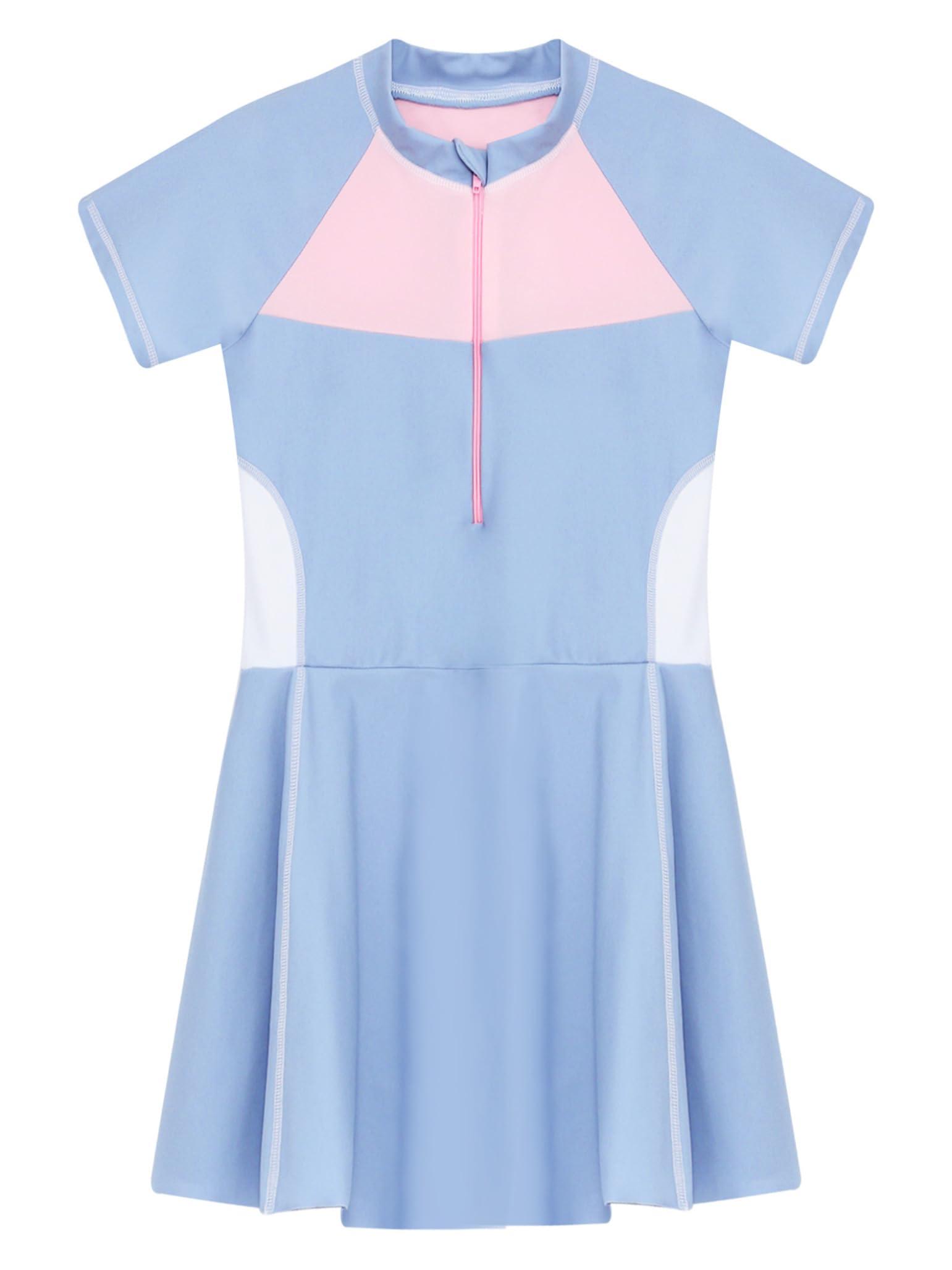 Moggemol Moggemol Kids Girls Short Sleeve Swimming Dress One Piece Swimsuit Boyshort Bottoms Bathing Suit Beachwear Blue 7-8 Years