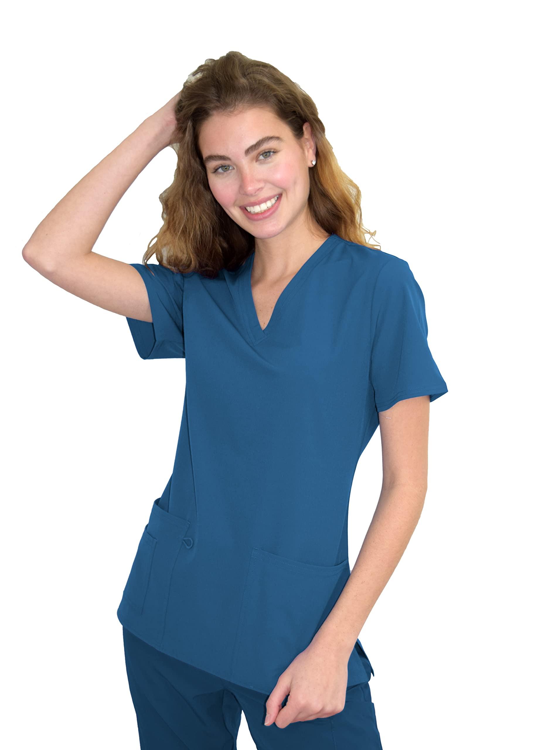 Green Town Green Town Scrubs for Women - 4 Pocket V-Neck Scrub Top, Stretch Fabric, Easy Care Uniforms-Caribbean-X-Large