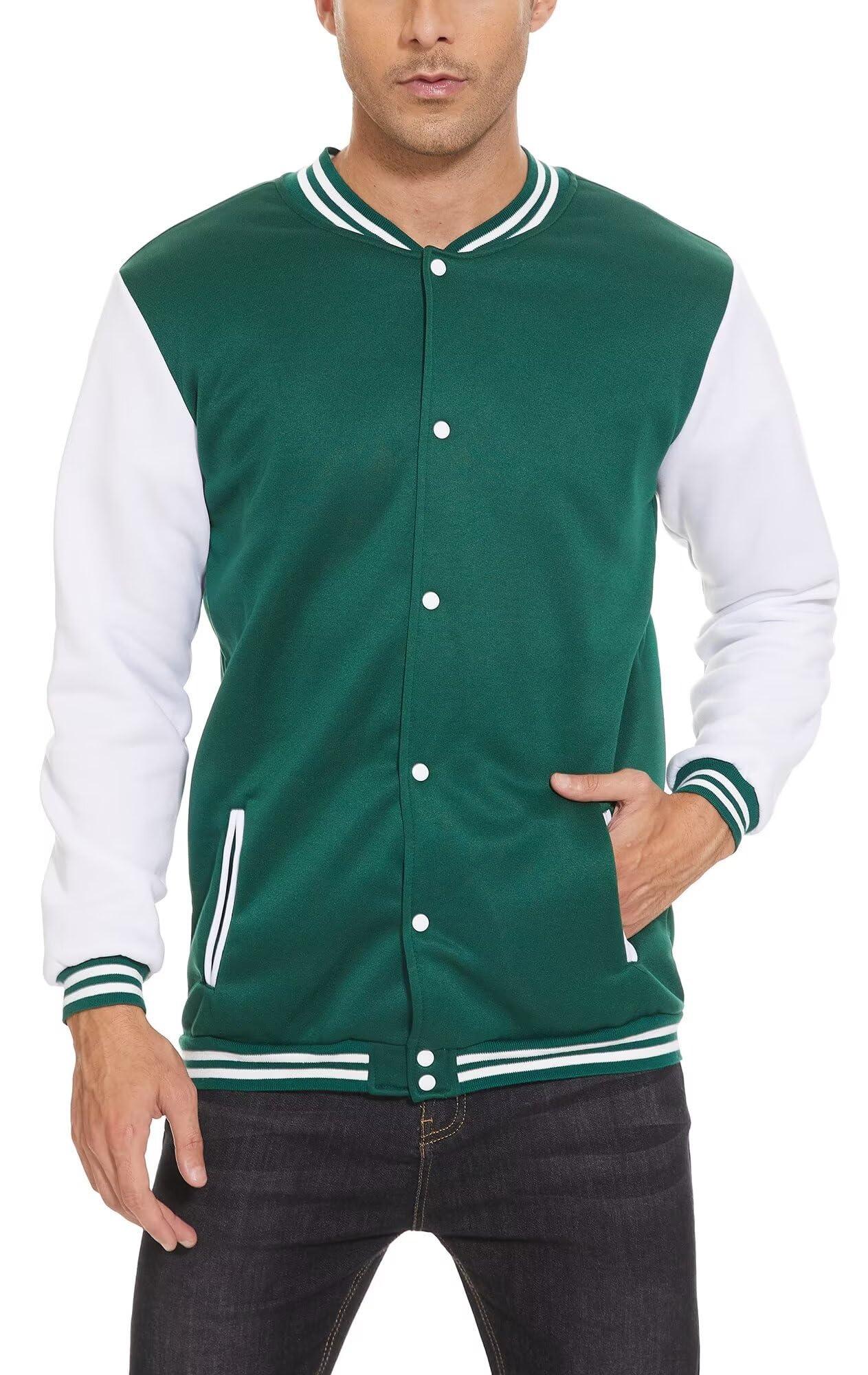 babyhealthy Men's Bomber Jacket Varsity Baseball Jackets Windbreaker Lightweight Slim Fit Button Down Letterman Jacket Green