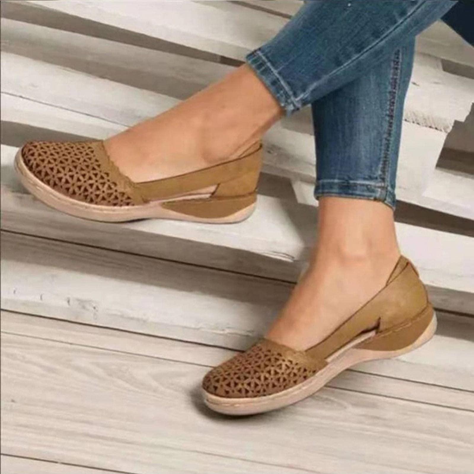 Hbeylia Hbeylia Women's Wedge Ballet Flats Vintage Boho Hollow Out Square Toe Leather Slip On Loafers Soft Comfort Bohemian Platform Walking Shoes Dress Beach Shoes for Women Ladies Travel Brown