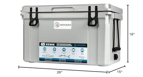 iROCKER iROCKER 45L Roto-Molded Hard Cooler, Heavy Duty Ice Box Equipped with Quick Drain Water Release Valve, 26\" x W 15\" x H 16\", Cooler Gray
