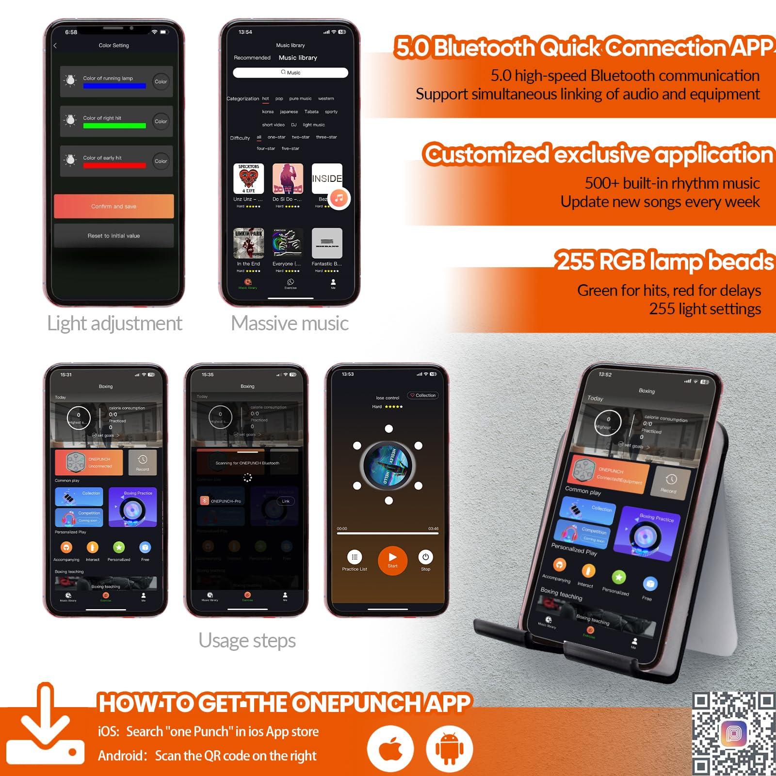 ONEPUNCH ONEPUNCH Music Boxing Machine for Adults, Electronic Boxing Equipment Pads with Bigger Panel & Boxing Gloves, Boxing Music Workout Machine for Release Stress, Velcro Installation, Height Adjustable