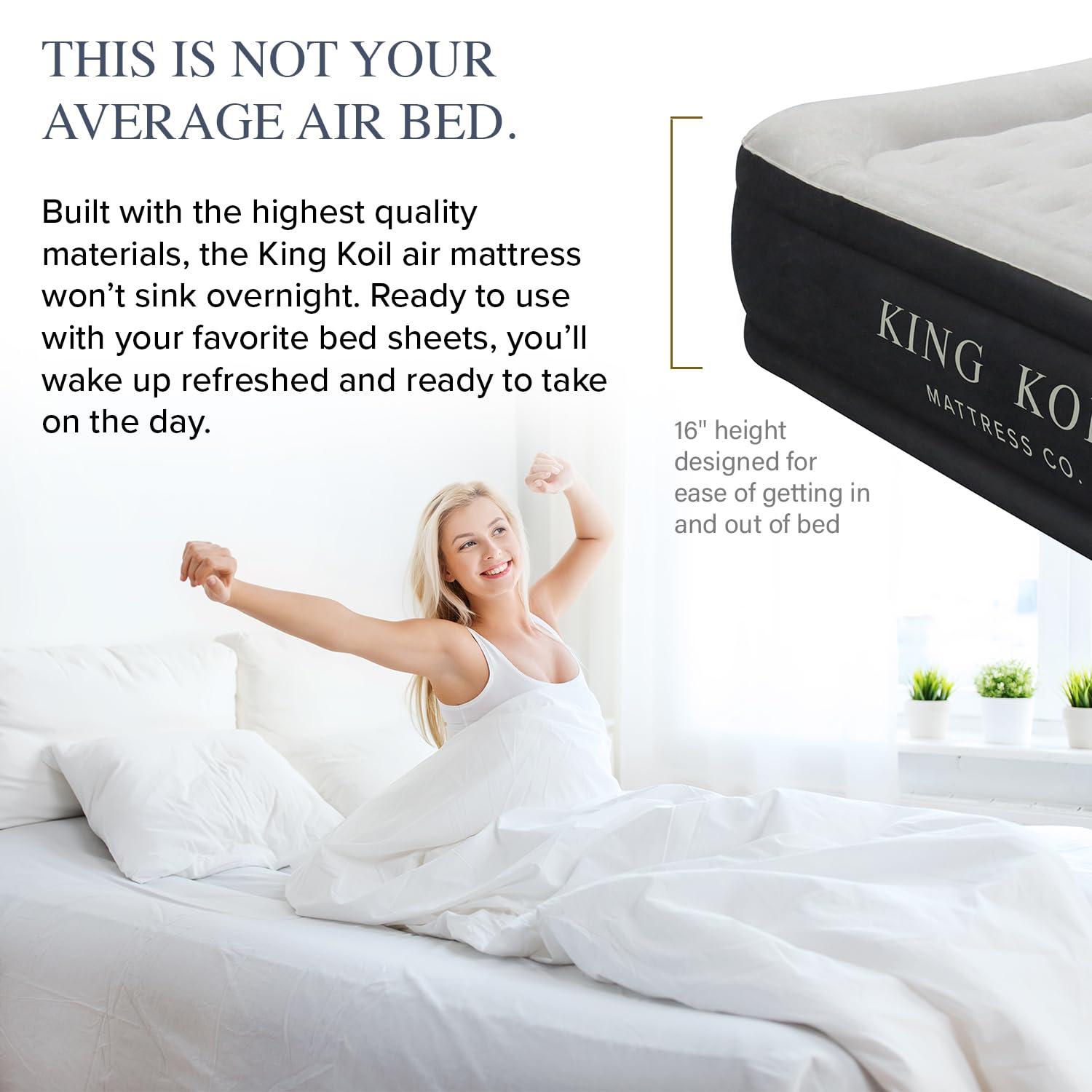 King Koil King Koil Pillow Top Plush Full Size Air Mattress with Built-in Pump for Home, Camping & Guests, 16" Inflatable Airbed Luxury Double High Adjustable Blow Up Bed, Waterproof, 1-Year Warranty