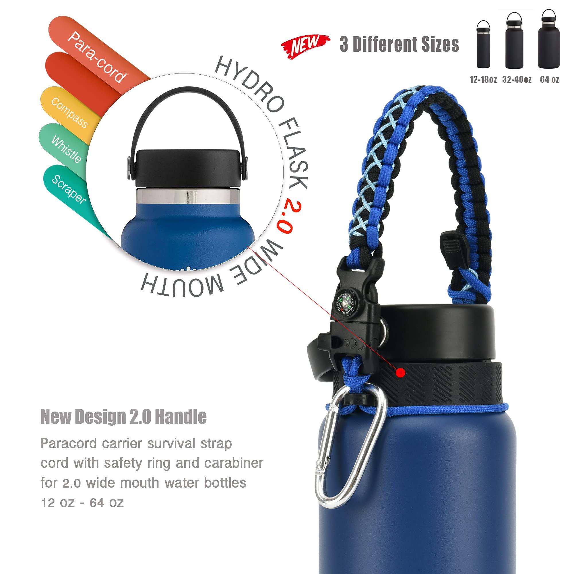 QeeCord QeeCord Paracord Handle Compatible with Hydro Flask 2.0 Wide Mouth Water Bottle Carrier with New Ring and Carabiner, 12oz, 16oz,18oz, 32oz, 40oz, 64oz (64 oz Wide Mouth, Blue)