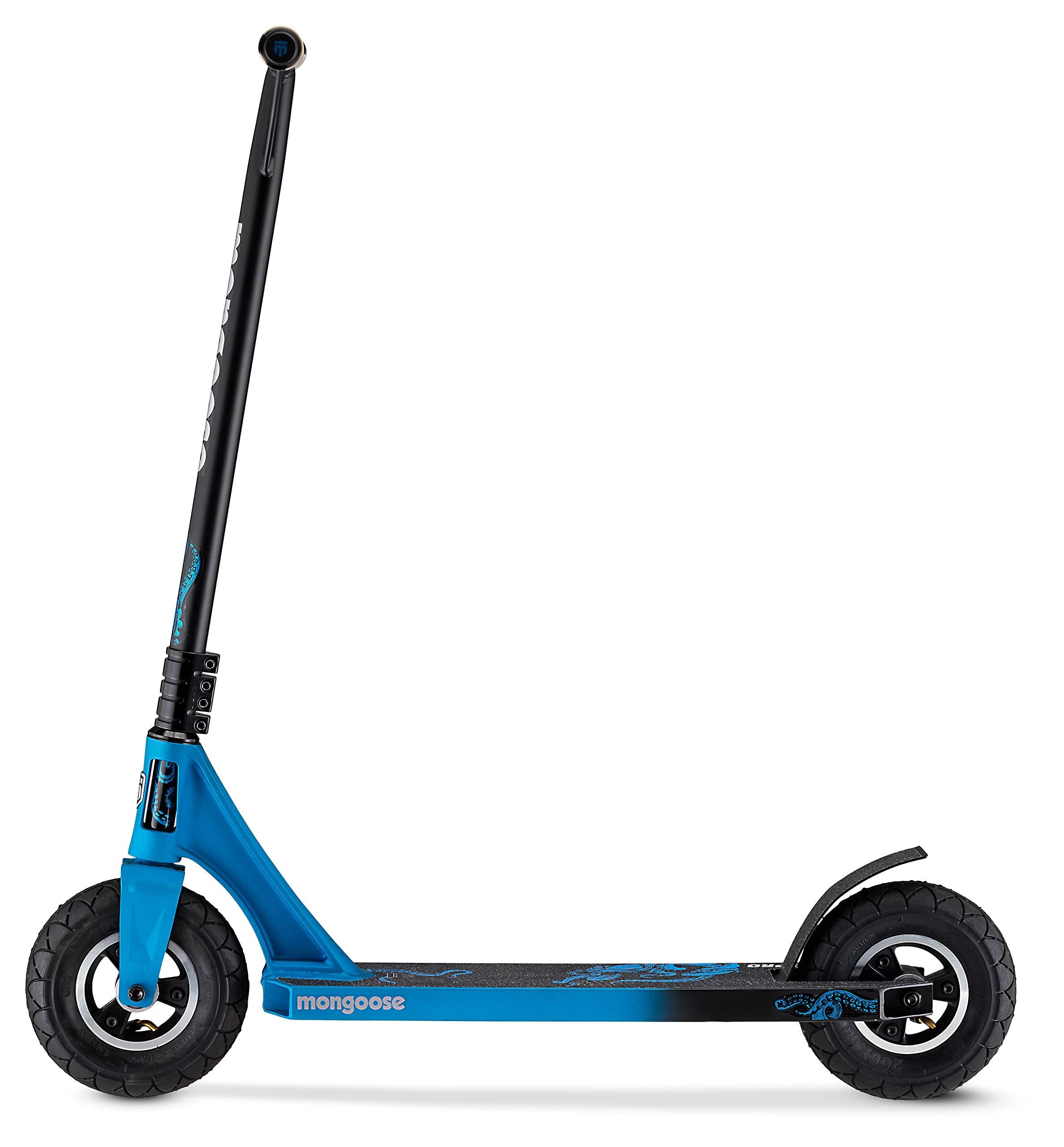 Mongoose Mongoose Tread Pro Youth/Adult Freestyle Dirt Kick Scooter, Ages 8 Years and Up, Air Filled Tires, Max Rider Weight 220 Pounds, Black/Blue