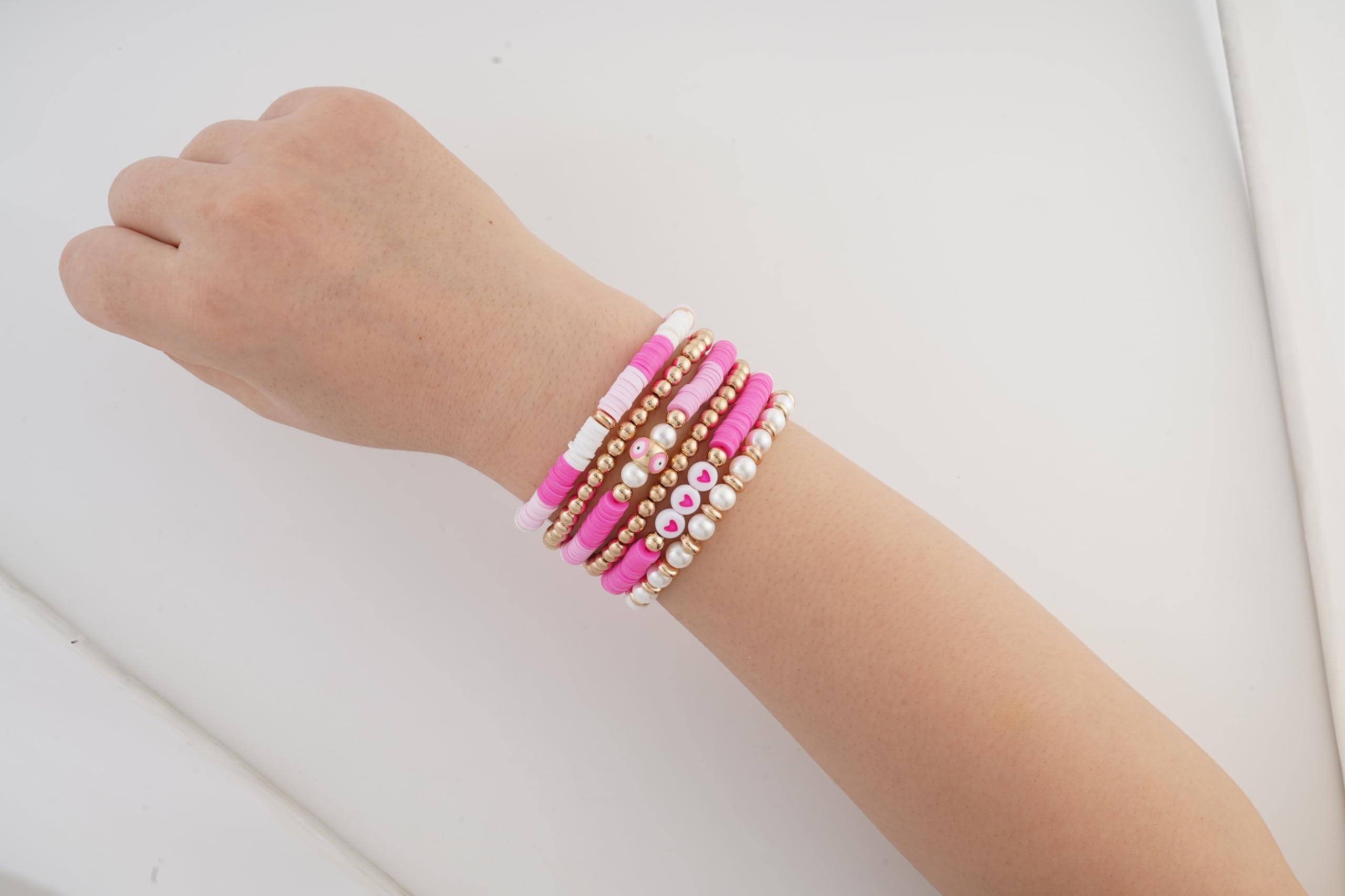 LYNMOS LYNMOS Colorful Heishi Clay Bead Bracelet Set for Women Stackable Vinyl Disc Polymer Beaded Stretch Bracelets Preppy Bohemian Summer Beach Bracelets Jewelry (H-Pink set, 6.8 Inch)