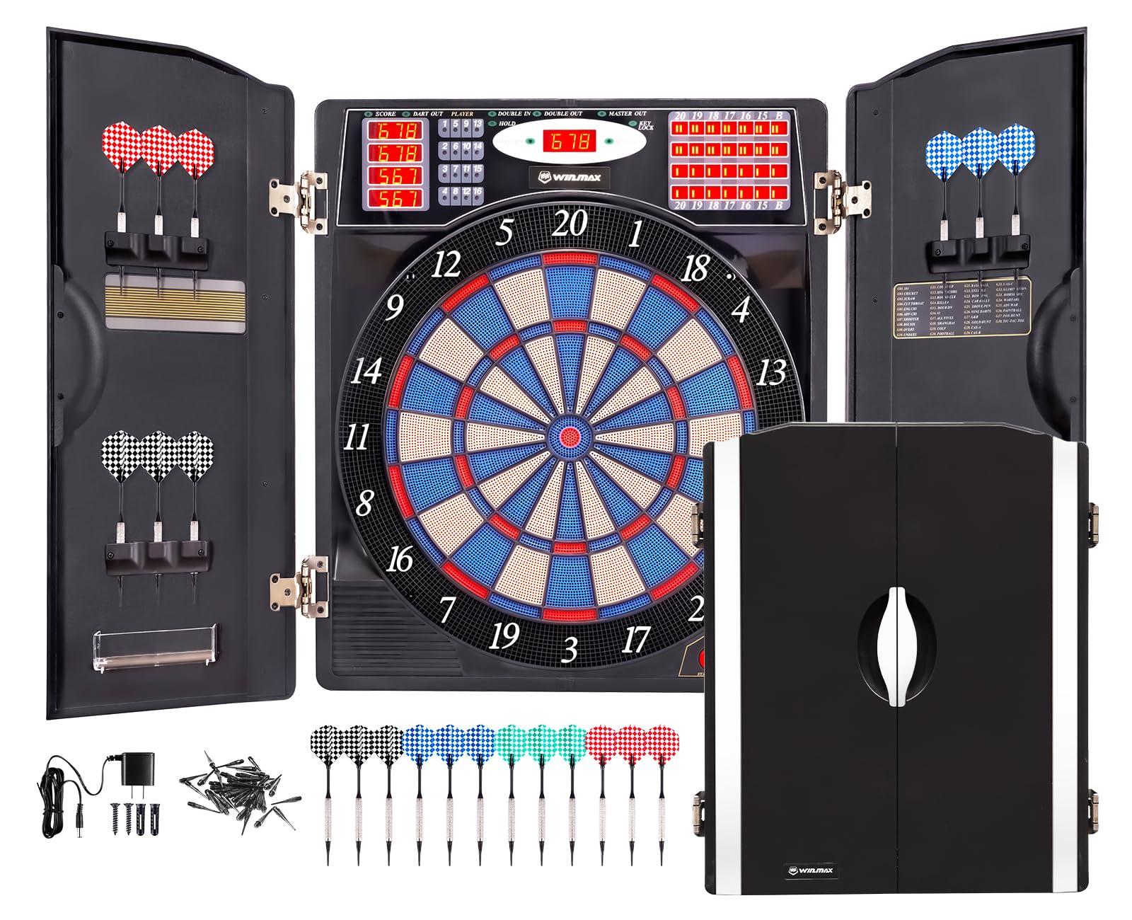WIN.MAX WIN.MAX Electronic Dart Board Cabinet Set, LED Electric Digital Soft Tip Dart Boards for Adults with Cabinet, up to 16 Players, 38 Games and 211 Variations with 12 Soft Tip Dartboard Set (Silver)