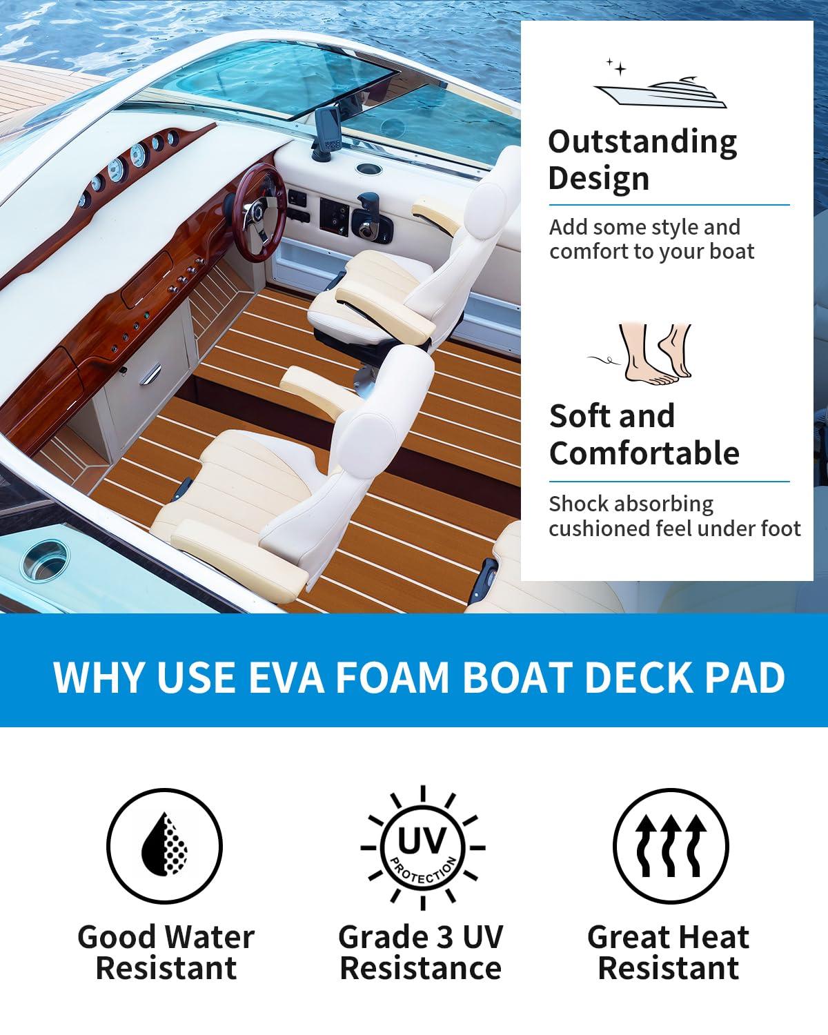 OCEANBROAD OCEANBROAD Boat Flooring EVA Foam Self-Adhesive 96''x36'' Faux Teak Marine Boat Decking Sheet for Jon Boats Yacht Floor, Brown with White Seam Lines