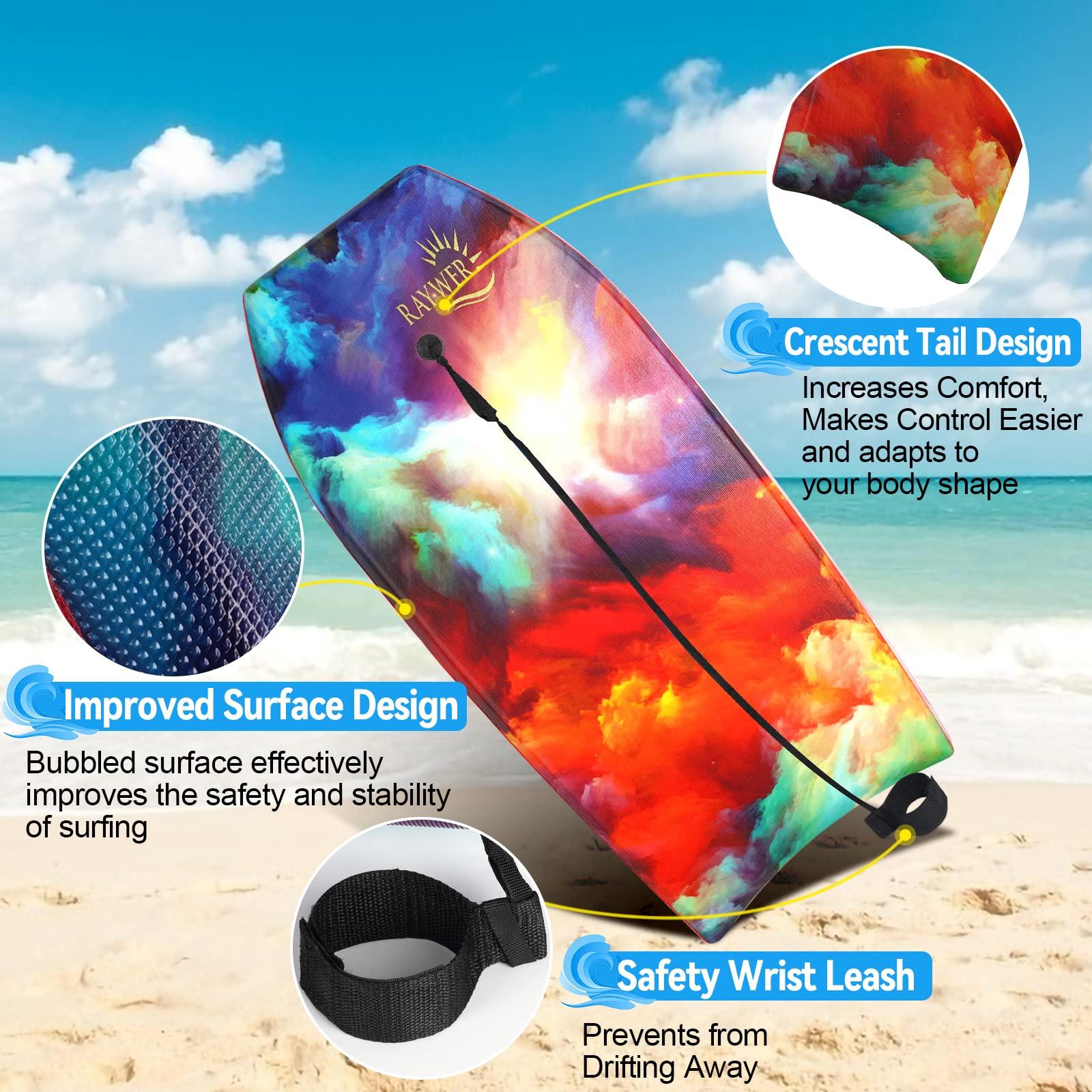 RAYWER RAYWER Body Board Lightweight with EPS Core, HDPE Slick Bottom , Leash & Adjustable Wrist Rope, Great Surfing for Kids and Adults (Sky, 33-INCH)