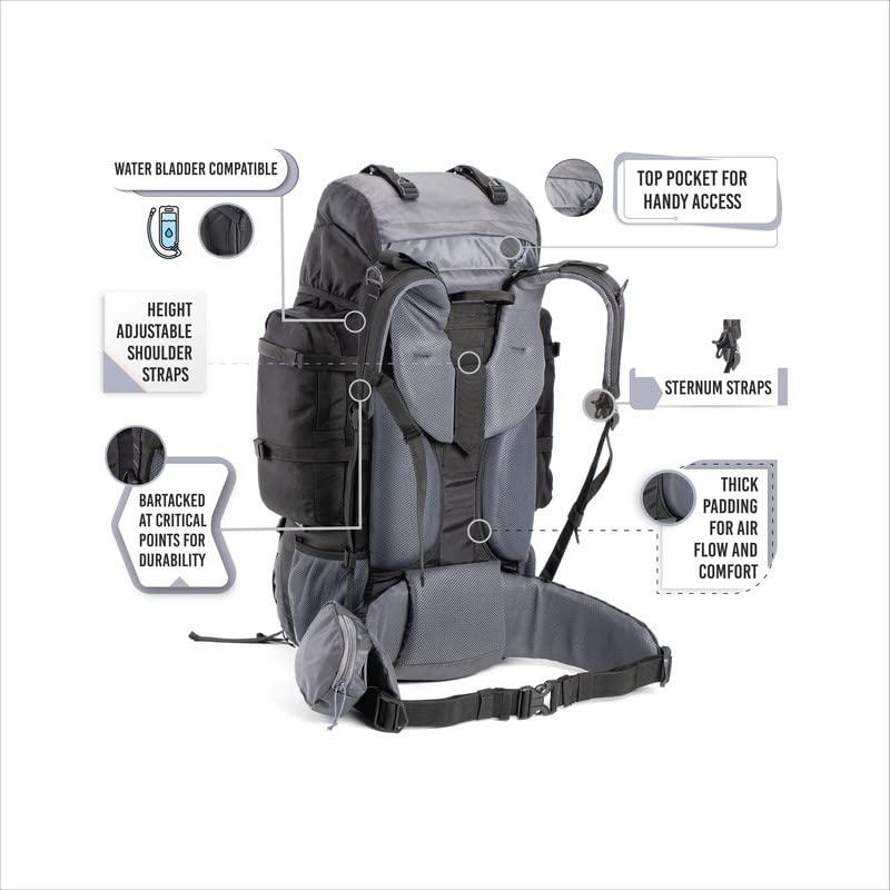 TriPole TriPole Walker 65 litres Rucksack with 20 Litre Foldable Day Pack | Internal Frame with Metal Rod | Rain Cover | Bottom Opening | Laptop Section (Black)