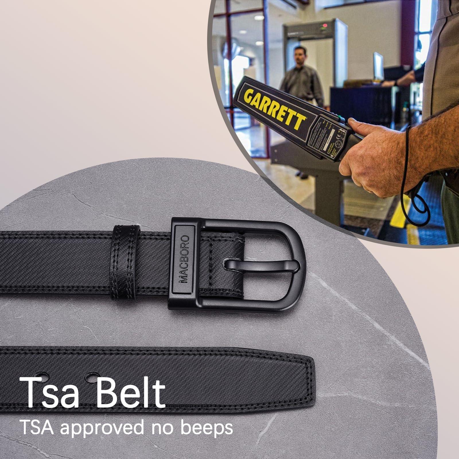 MACBORO MACBORO Non Metal Tsa Approved Belt Nickel Free Hypoallergenic Belts for Men Plastic Buckle Travel Black Leather Belt