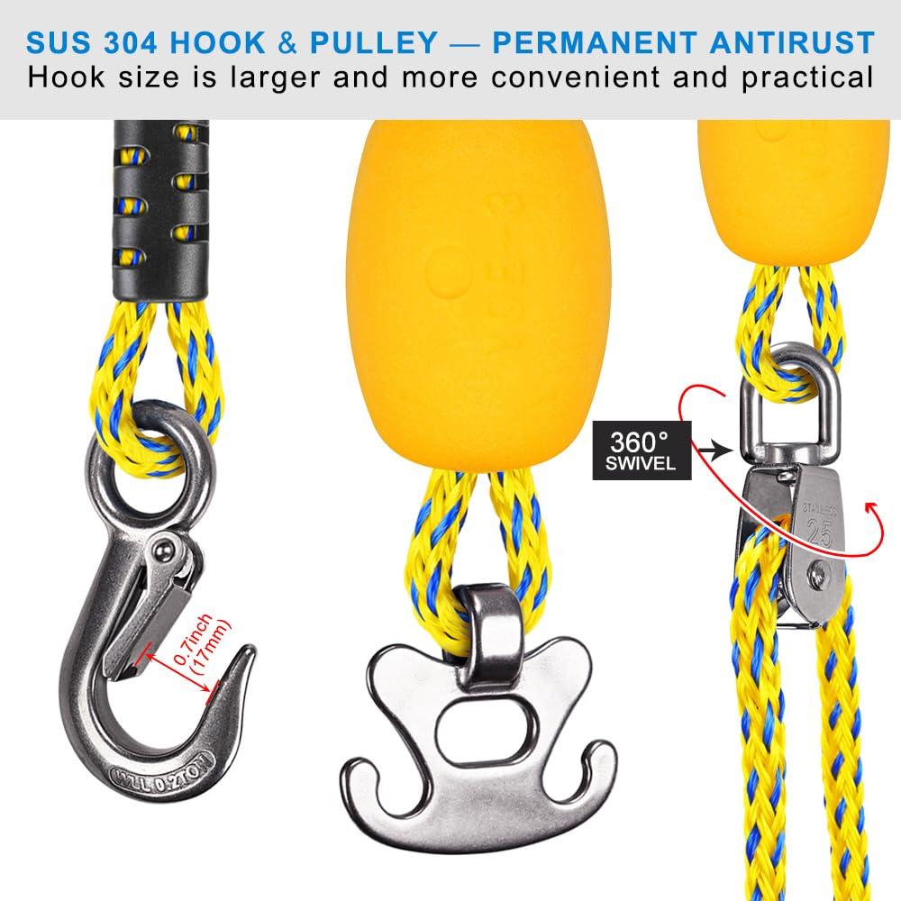 SELEWARE SELEWARE 8ft Heavy Duty Boat Tow Harness, 3 Permanent Antirust Stainless Steel Connector and Pulley for Tubing, Skiing, Wake Boarding with Waverunner, Seadoo, Jet ski
