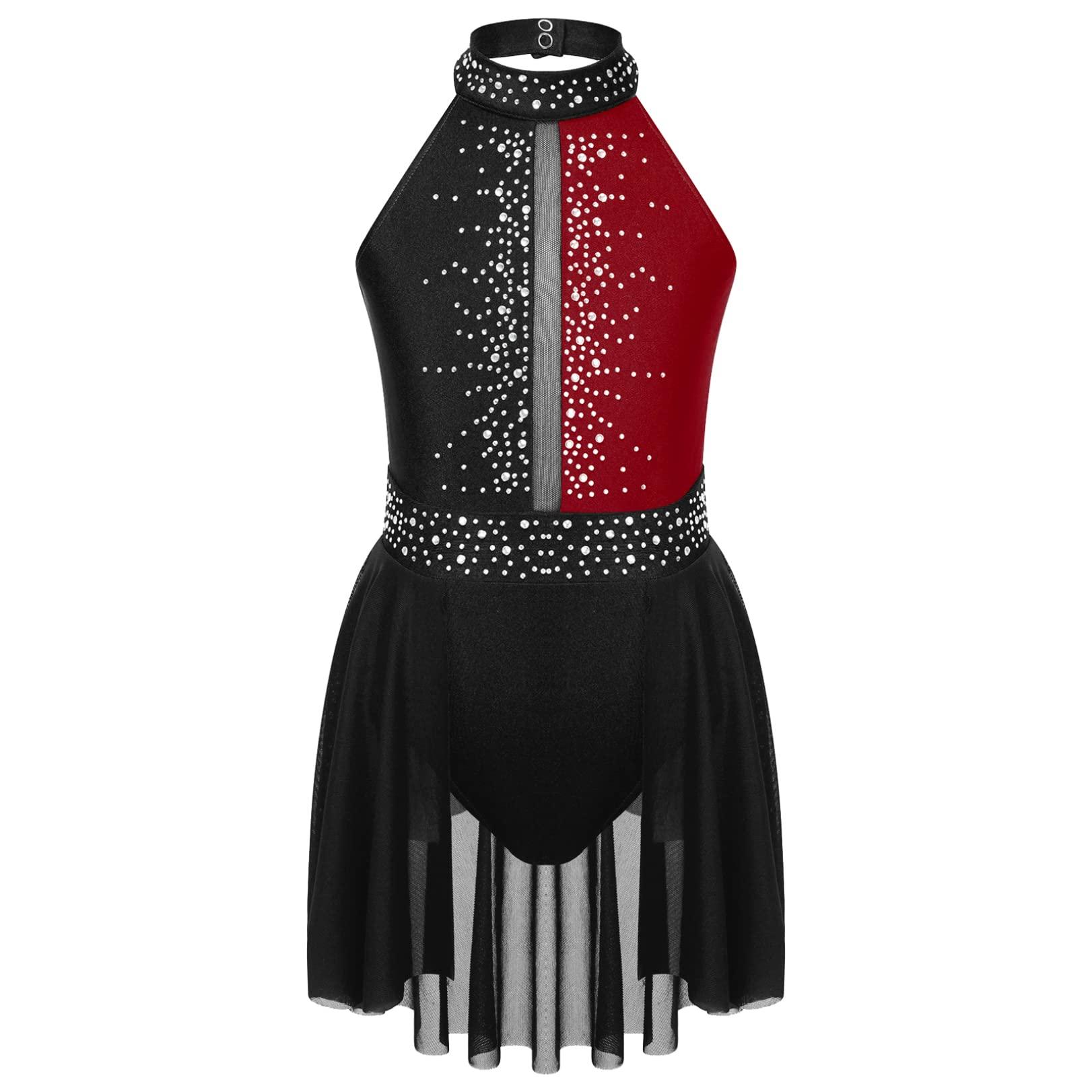 JEATHA JEATHA Kids Girls Rhinestone Sleeveless Mock Neck Figure Skating Dress Gymnastic Ballet Dance Skirt Leotard Black&Burgundy 8