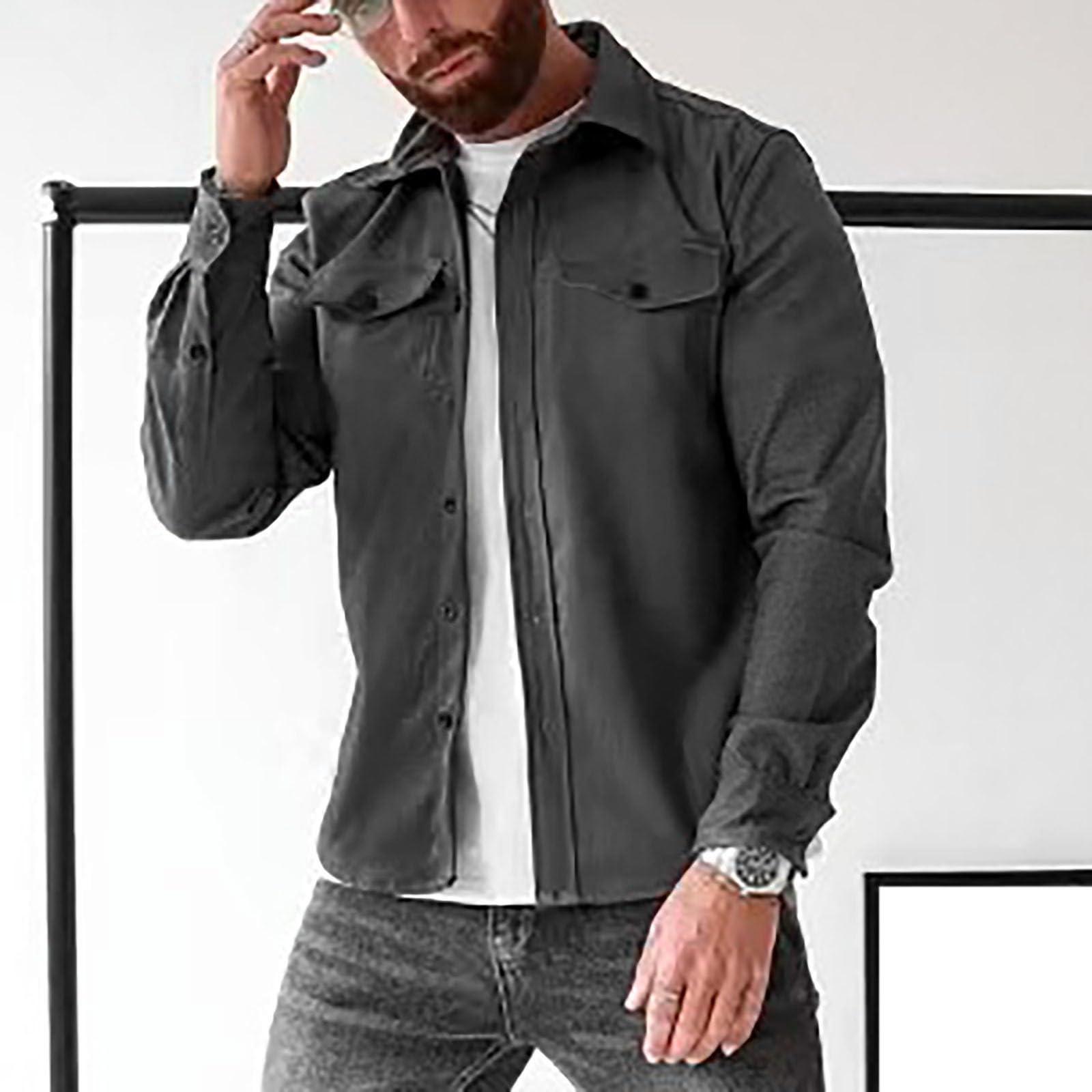 SAMST Men's Sherpa Shirt Jacket Flannel Shackets Casual Long Sleeve Button Down Lightweight Shirt Jacket Coats with Pockets(Dark Gray,XL)