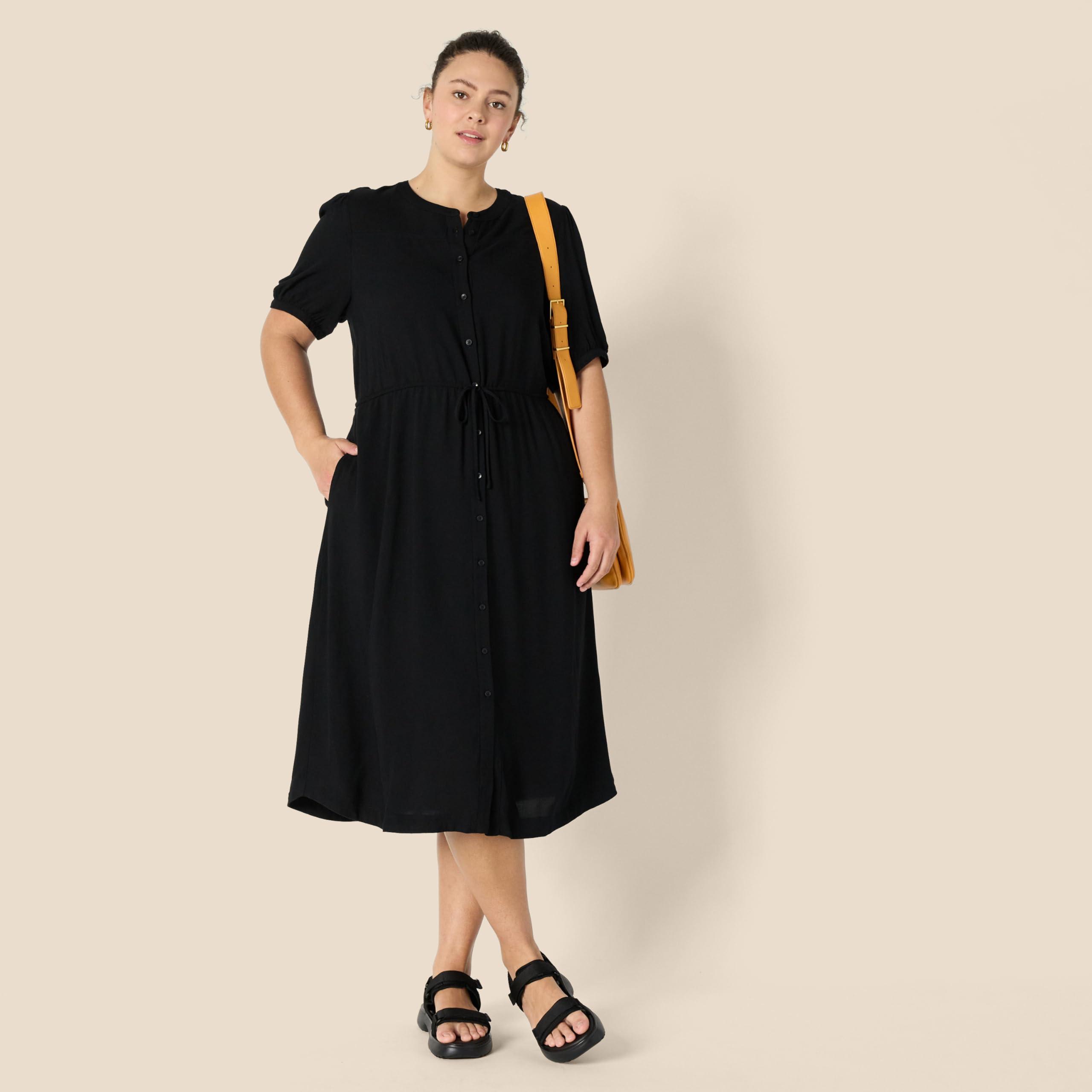Amazon Essentials Amazon Essentials Women's Fit and Flare Half-Sleeve Waisted Midi A-Line Dress with Pockets, Black, Medium
