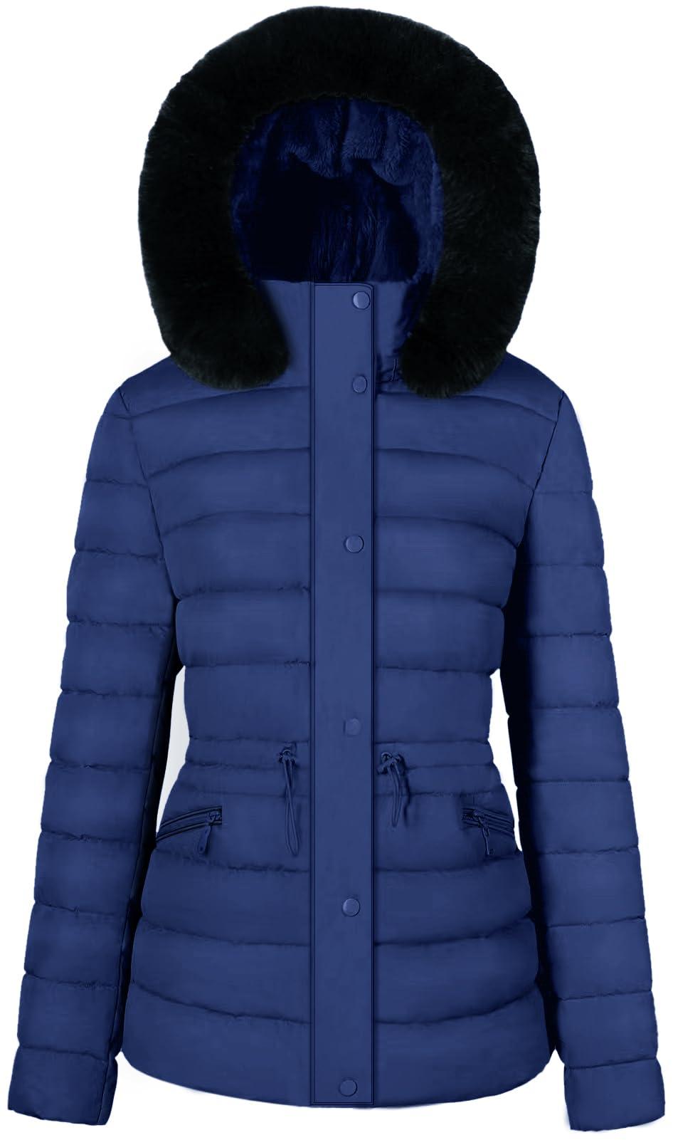 BodiLove BodiLove Women's Winter Quilted Puffer Short Coat Jacket Plus Size with Removable Faux Fur Hood and Zipper