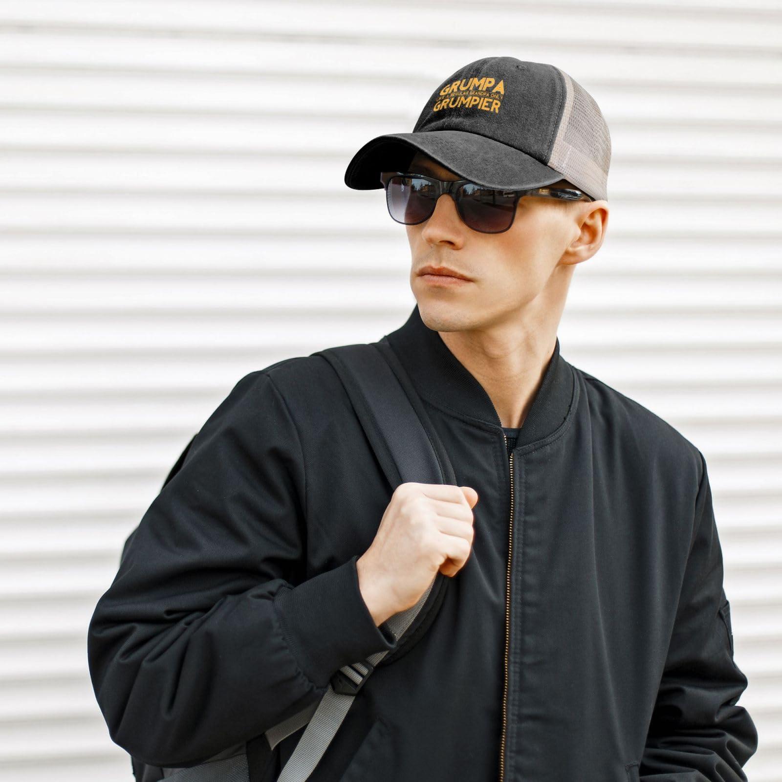 YVNUM YVNUM Vintage Mesh Cap Grumpa Like A Regular Grandpa Only Grumpier Funny Baseball Cap Dad Hat Cowboy Trucker Hat,Black