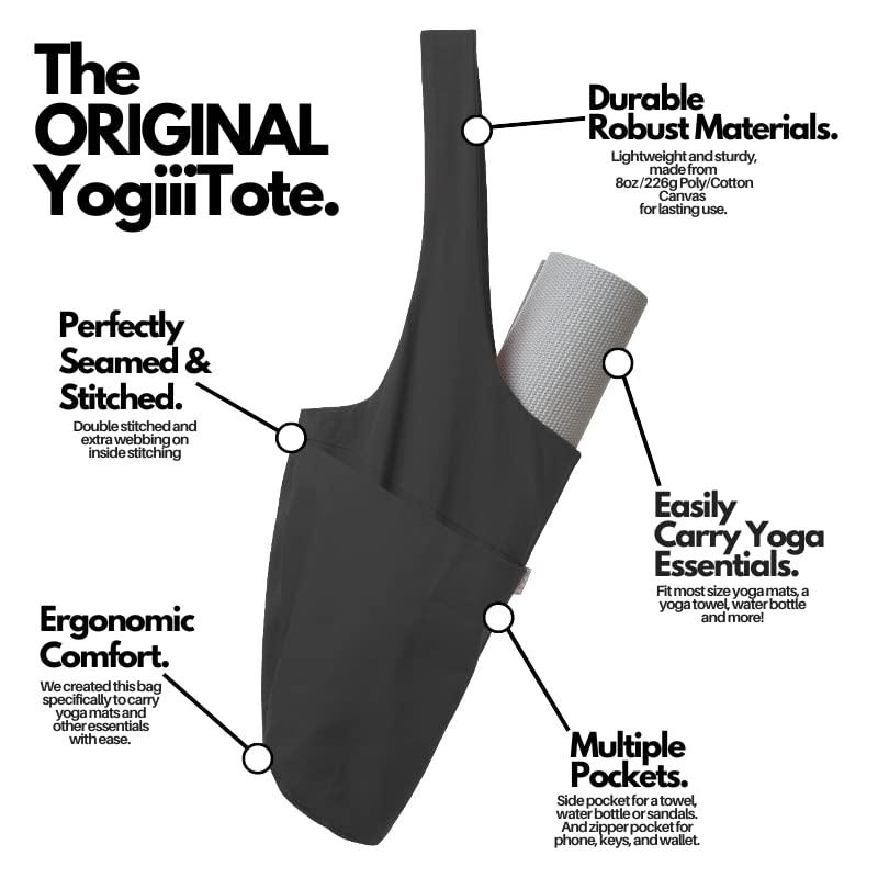 Yogiii Yogiii Yoga Mat Bag | The ORIGINAL YogiiiTote Yoga Bag | Sling Mat Tote w/Large Side Pocket & Zipper Pocket | Yoga Mat Carrier Fits Most Size Mats (Obsidian Black)
