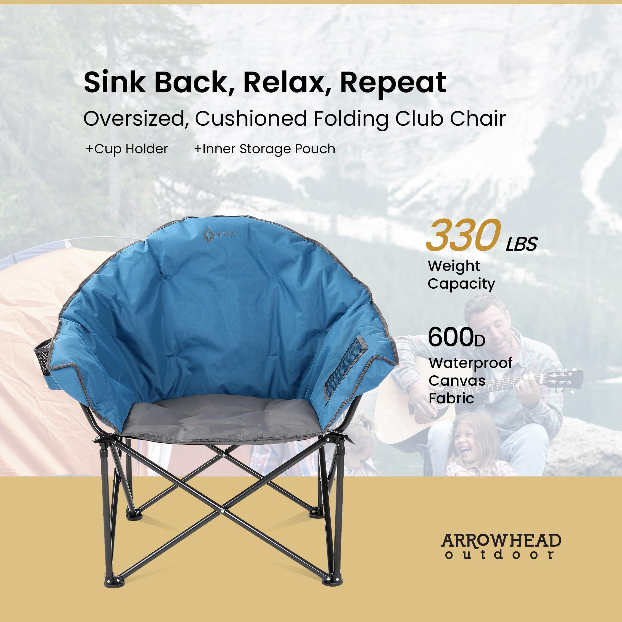 ARROWHEAD OUTDOOR ARROWHEAD OUTDOOR Oversized Heavy-Duty Club Folding Camping Chair w/External Pocket, Cup Holder, Portable, Padded, Moon, Round, Saucer, Supports 330lbs, Carrying Bag, USA-Based Support
