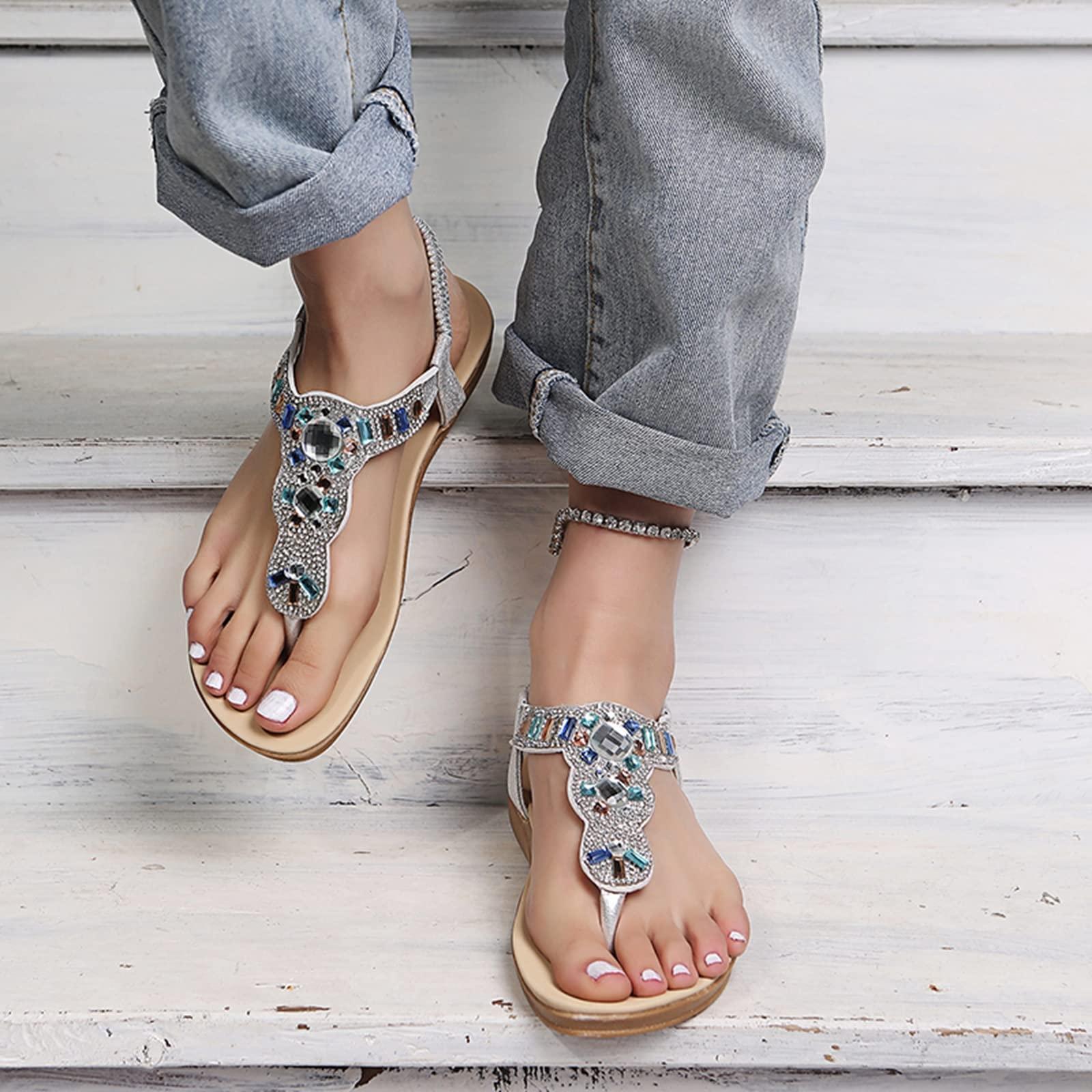 ZBYY ZBYY Women's Flat Sandals,Summer T Strap Flip Flops Sandal with Rhinestone Beaded Bohemian Dress Gladiator Sandal Shoes