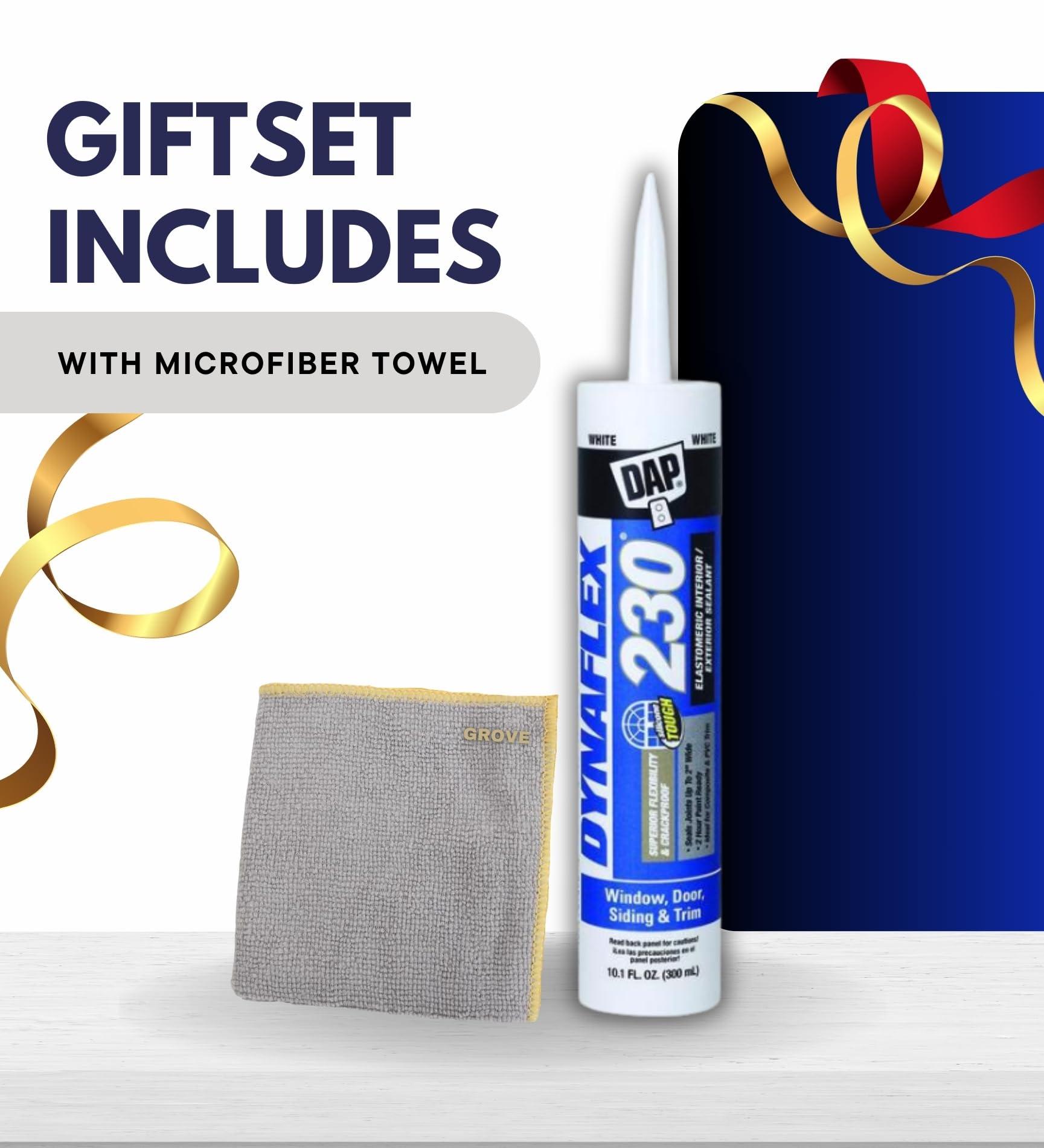 GROVE DAP Dynaflex 230 Sealant 10.1 oz Bundle with Microfiber Cloth - Waterproof - Elastomeric Caulk Sealant for Windows, Doors, and More - Indoor/Outdoor Use - White - (3 Items)