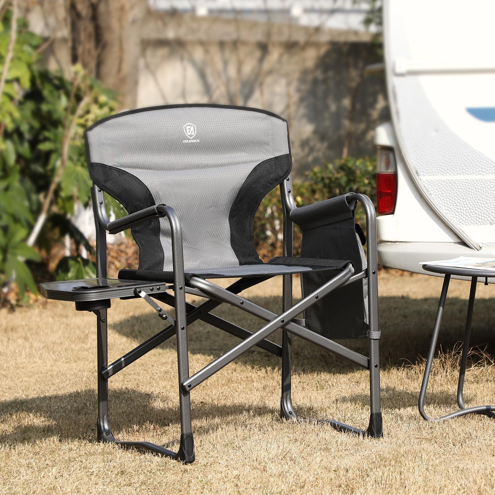 EVER ADVANCED EVER ADVANCED Lightweight Oversized Folding Camping Chairs Outdoor, Aluminum Directors Chair with Side Table and Storage Pouch, Heavy Duty Supports 350LBS (Grey/Black)